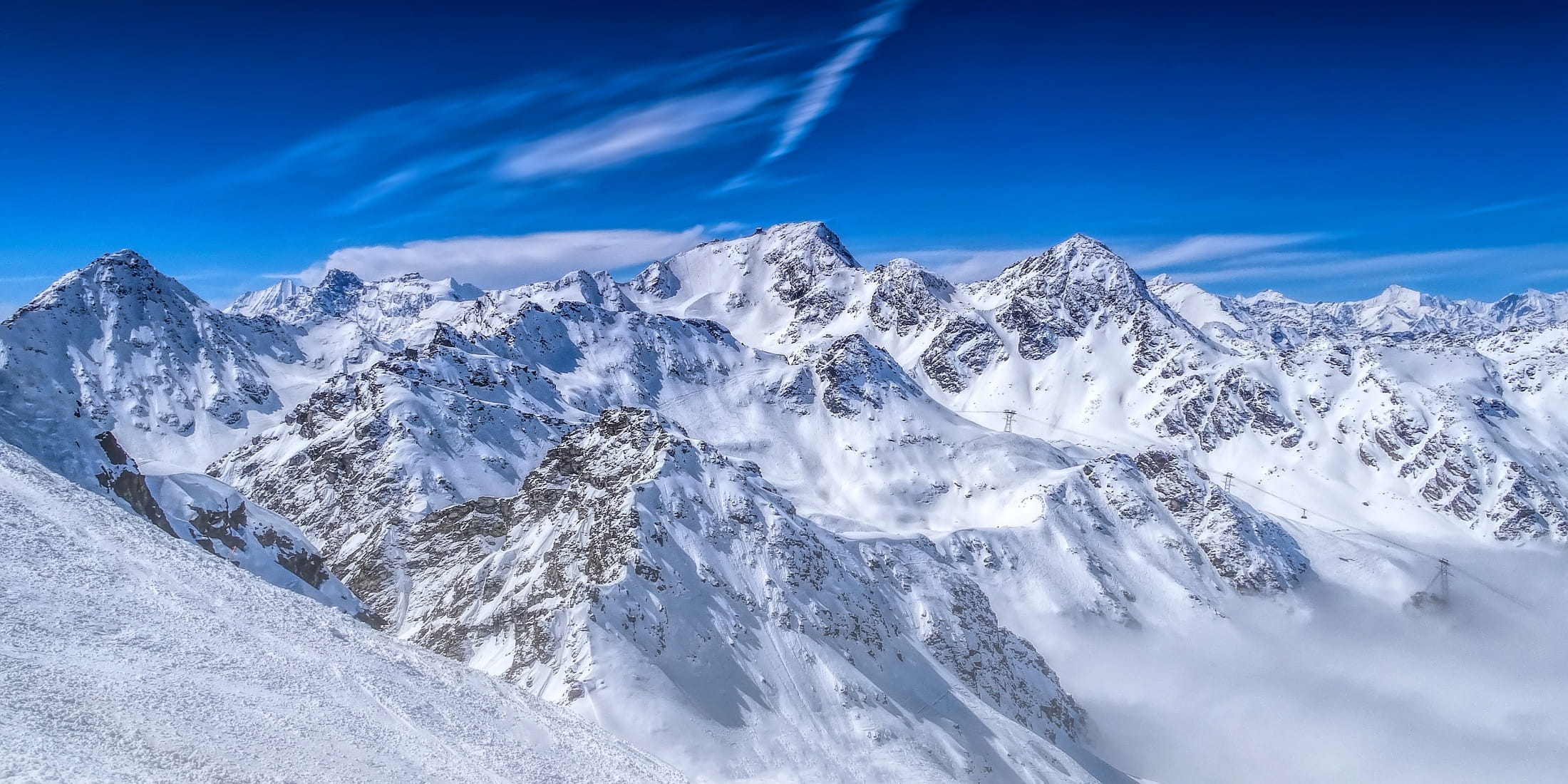 scenics - nature, snow, blue sky, environment, holiday, blue, cold temperature, the cable car, lift, recreation, outdoors, views, 1080P, sky, mountains, HD Wallpaper