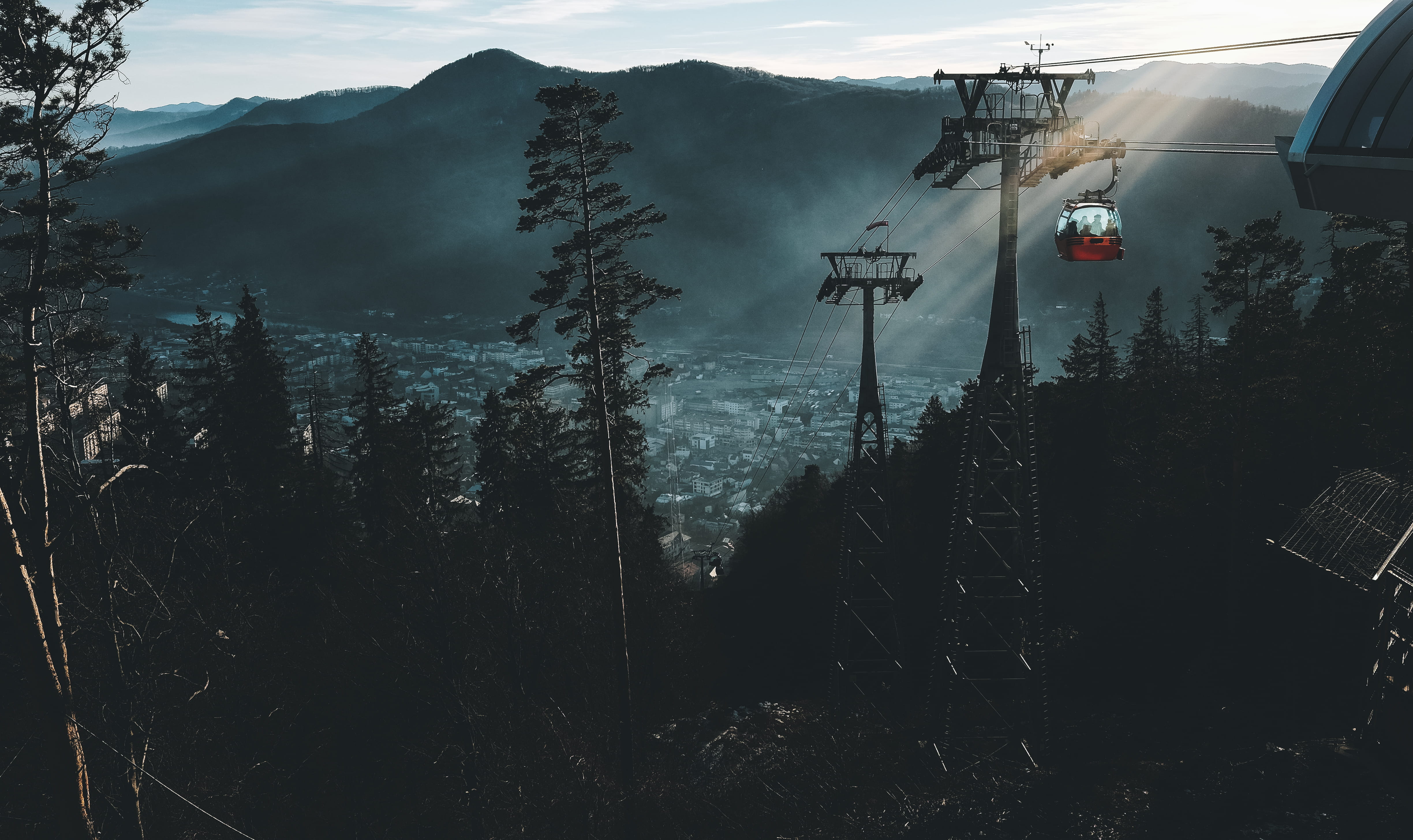 fog, mode of transportation, transportation, outdoors, Piatra Neamt, built structure, sign, no people, nature, forest, trees, ski, cold temperature, landscape, HD Wallpaper