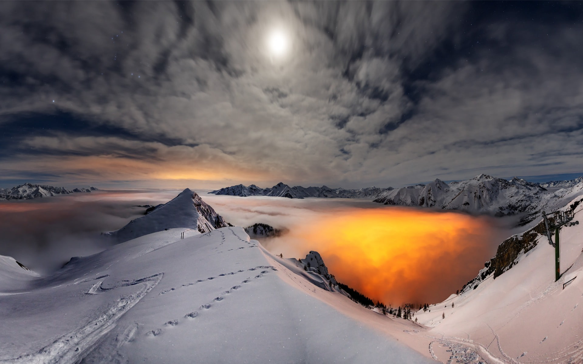 snow, sunset, rock, 1080P, winter, ski-lift, mist, footprints, long exposure, landscape, evening, stars, nature, Moon, mountains, HD Wallpaper