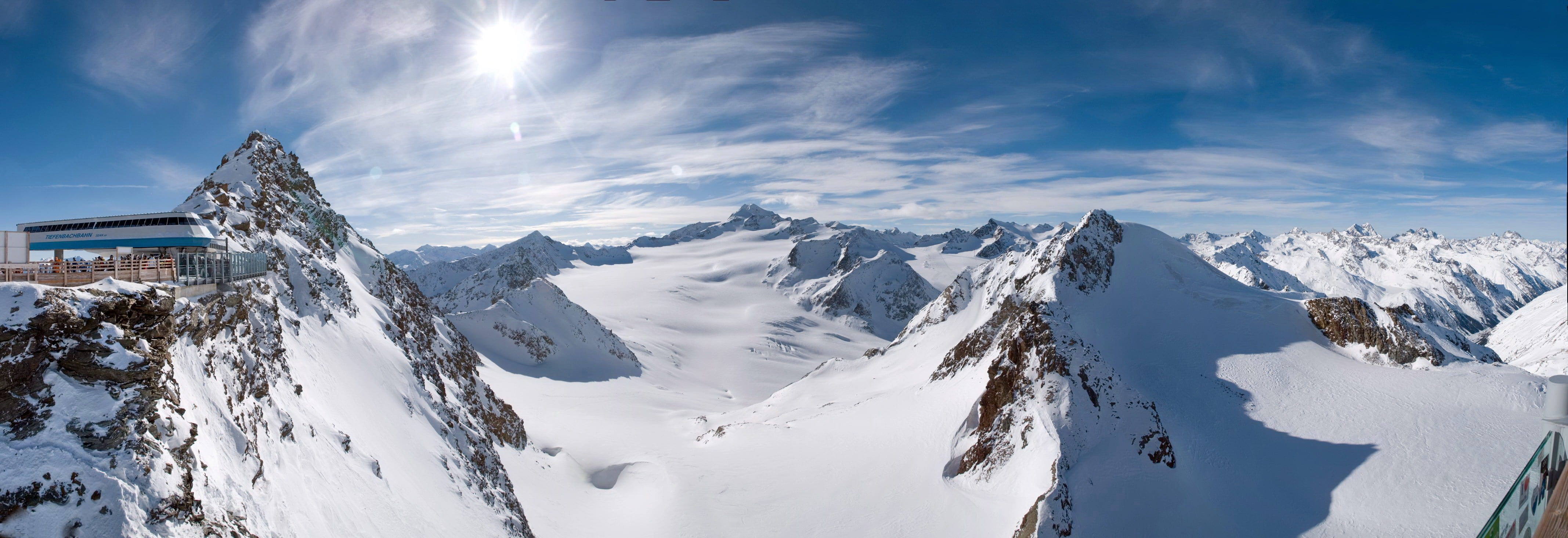 nature, blue, outdoors, landscape, covered, ice, sölden, sunlight, snow-capped peaks, alps, the descent, cloud - sky, sport, austria, mountains, slopes, HD Wallpaper