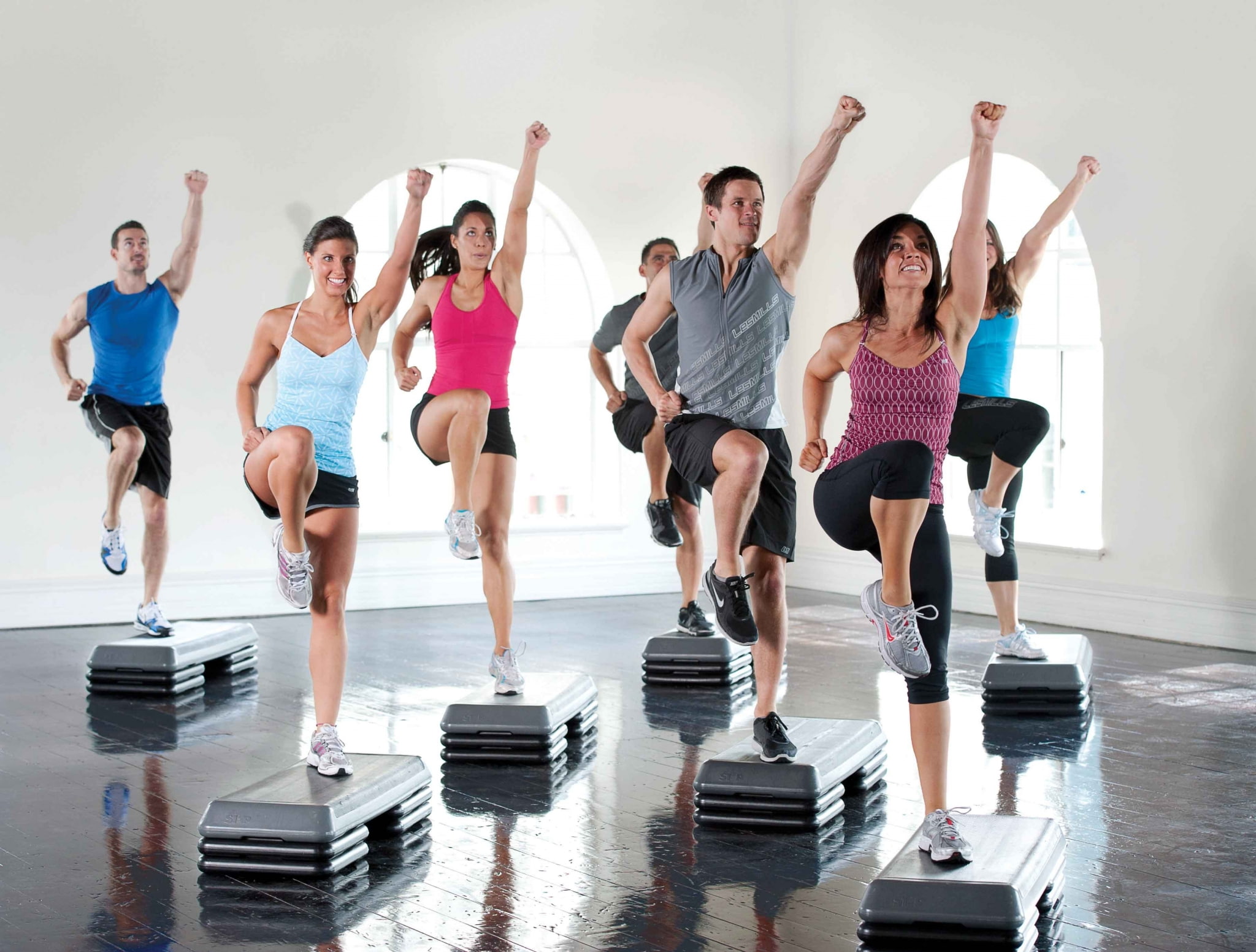 fitness  download pictures, group of people, people, full length, aerobics, young women, arms raised, 1080P, motion, human arm, exercising, human limb, HD Wallpaper
