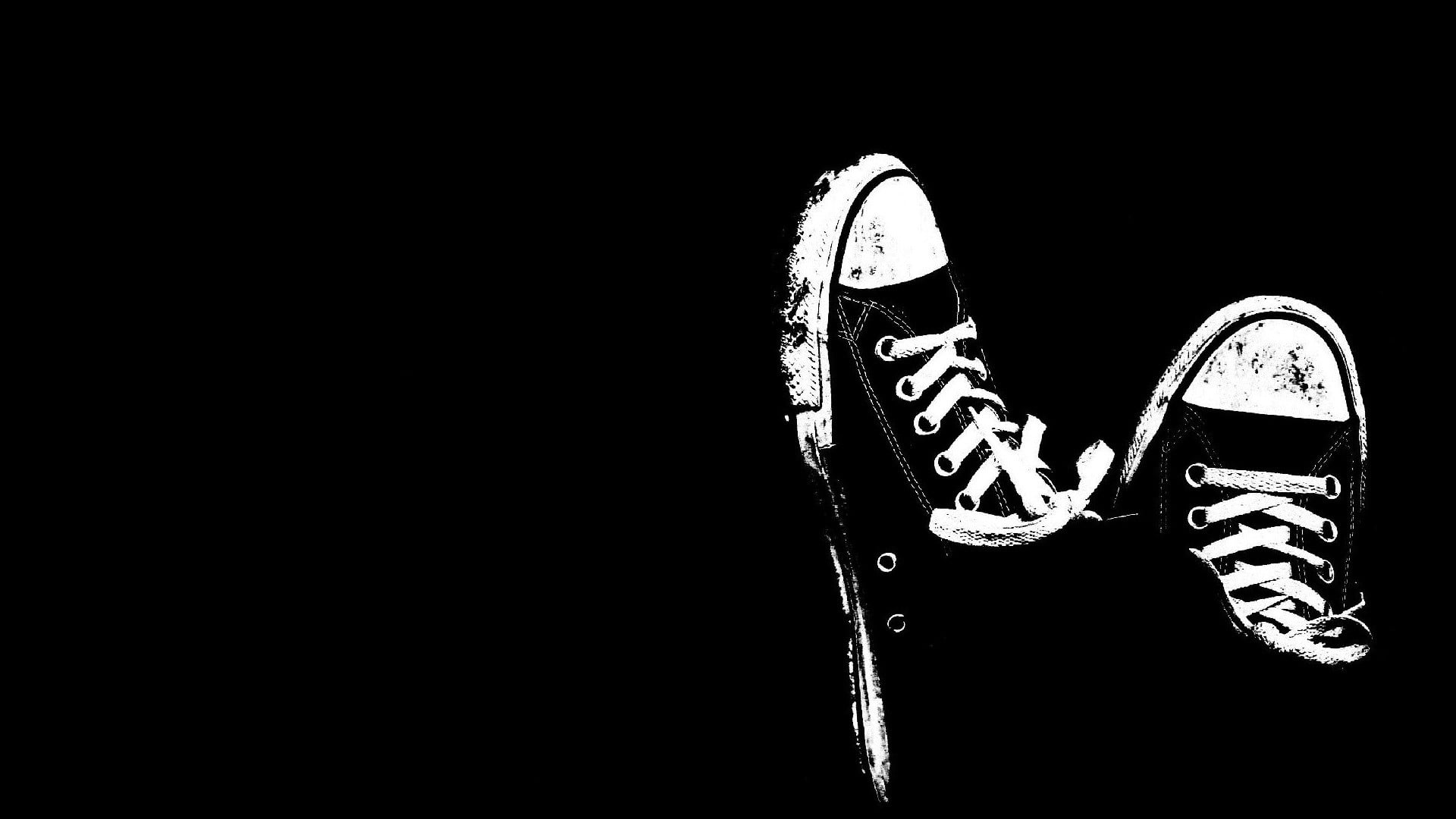 shoes, 1080P, black background, canvas shoe, artwork, cut out, illuminated, studio shot, pair, still life, night, indoors, white, All Star, shoe, copy space, HD Wallpaper