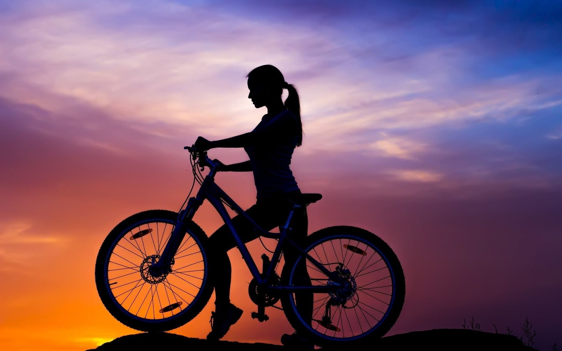 beauty in nature, clouds, one person, sky, side view, model, real people, mode of transportation, riding, 1080P, tank top, land vehicle, sunset, silhouette, HD Wallpaper