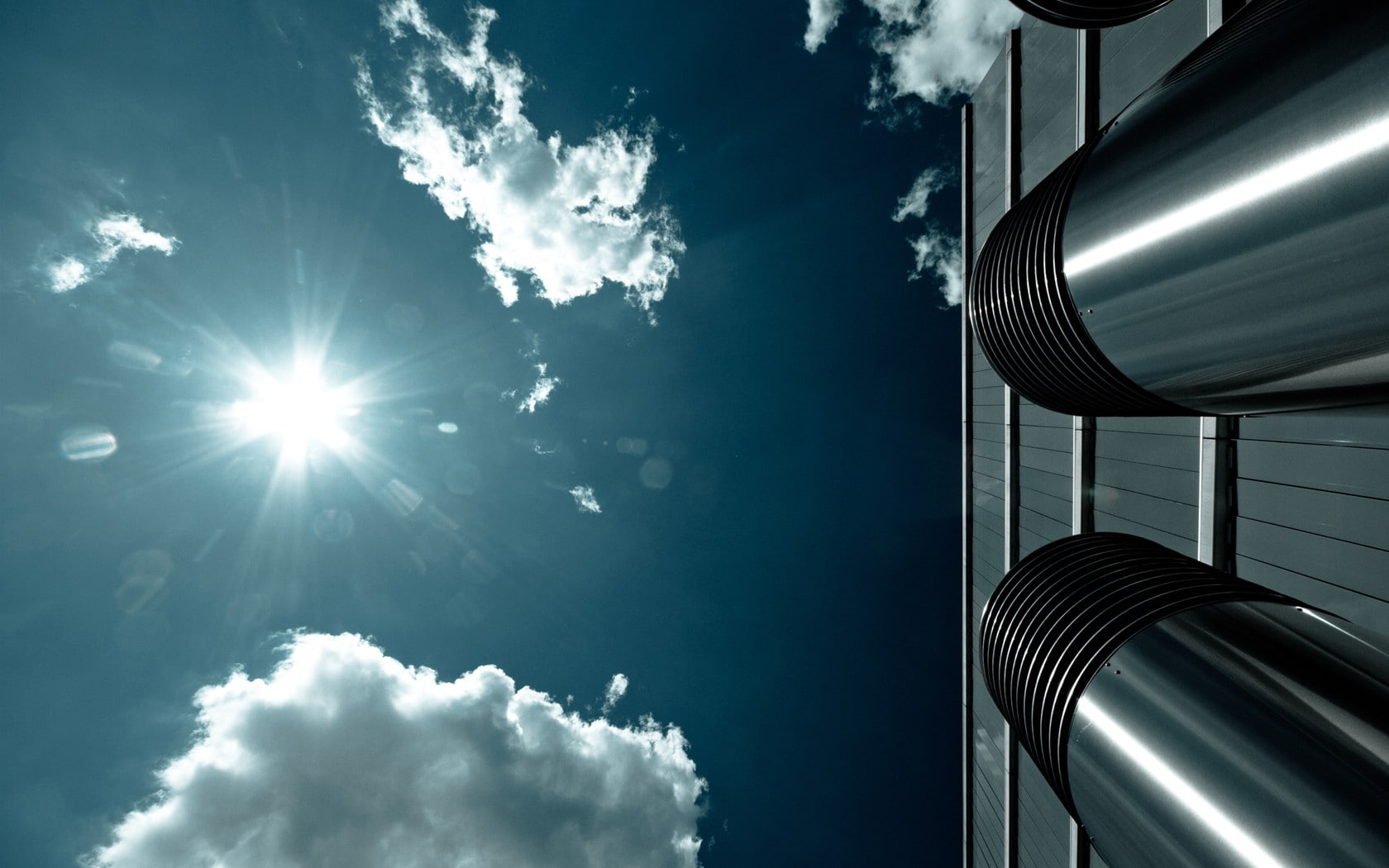 sunlight, day, cloudscape, architecture, skyscraper, lens flare, sky, directly below, clouds, blue, nature, office building exterior, 720P, sun, no people, HD Wallpaper