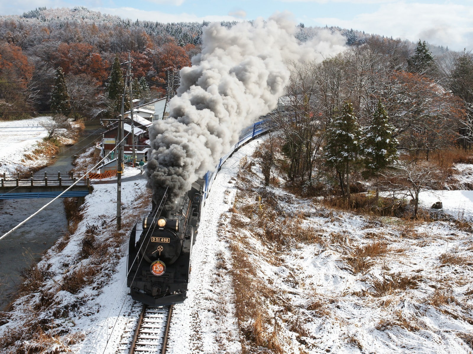 transportation, snow, railway, cold temperature, train, tranquility, vehicle, non-urban scene, land, smoke - physical structure, snowcapped mountain, outdoors, HD Wallpaper