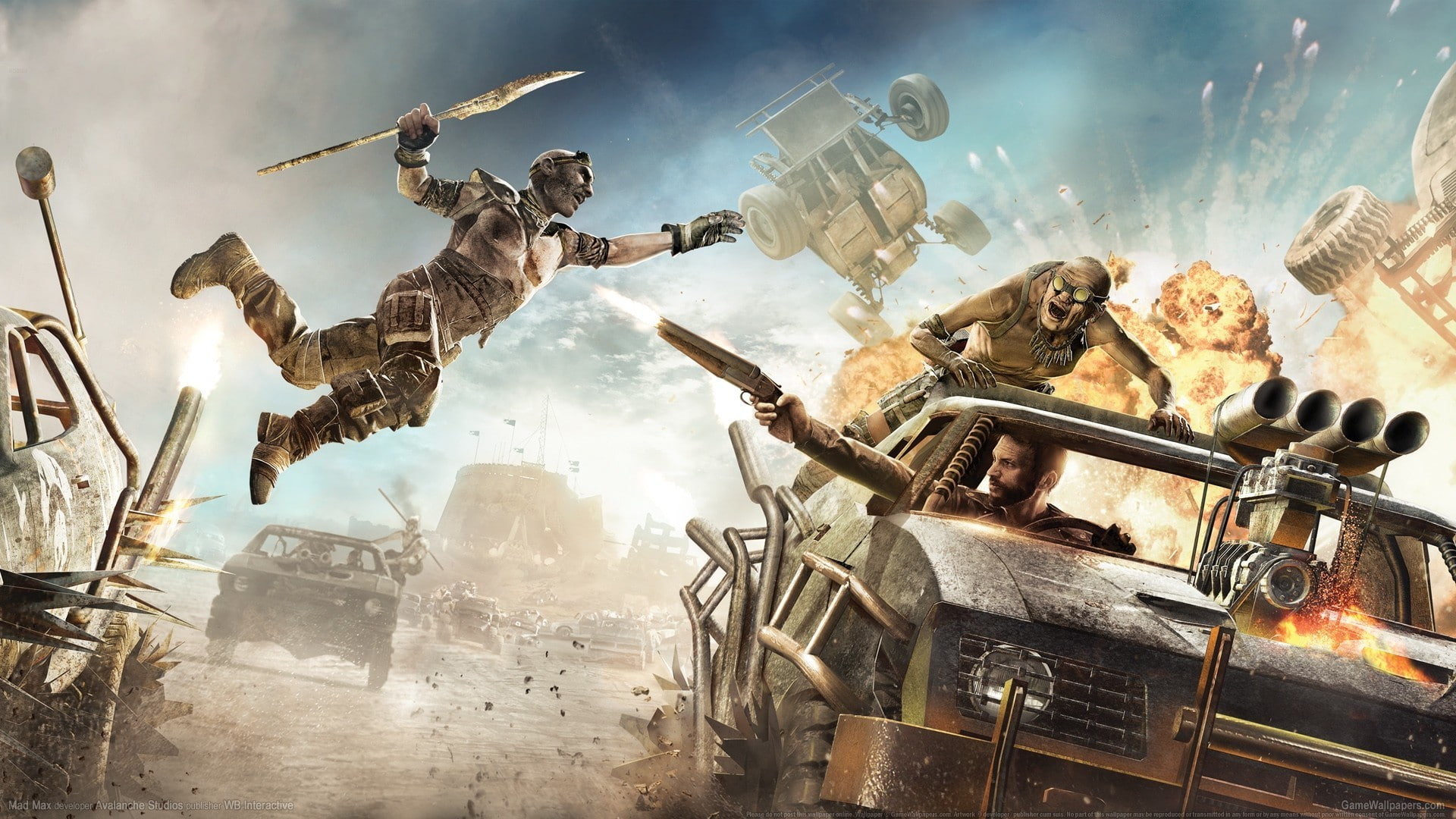 1080P, chase, battle, Avalanche Studios, cars, Warner Bros, trunk, jump, weapons, tires, spear, wheel, Mad Max, the explosion, HD Wallpaper