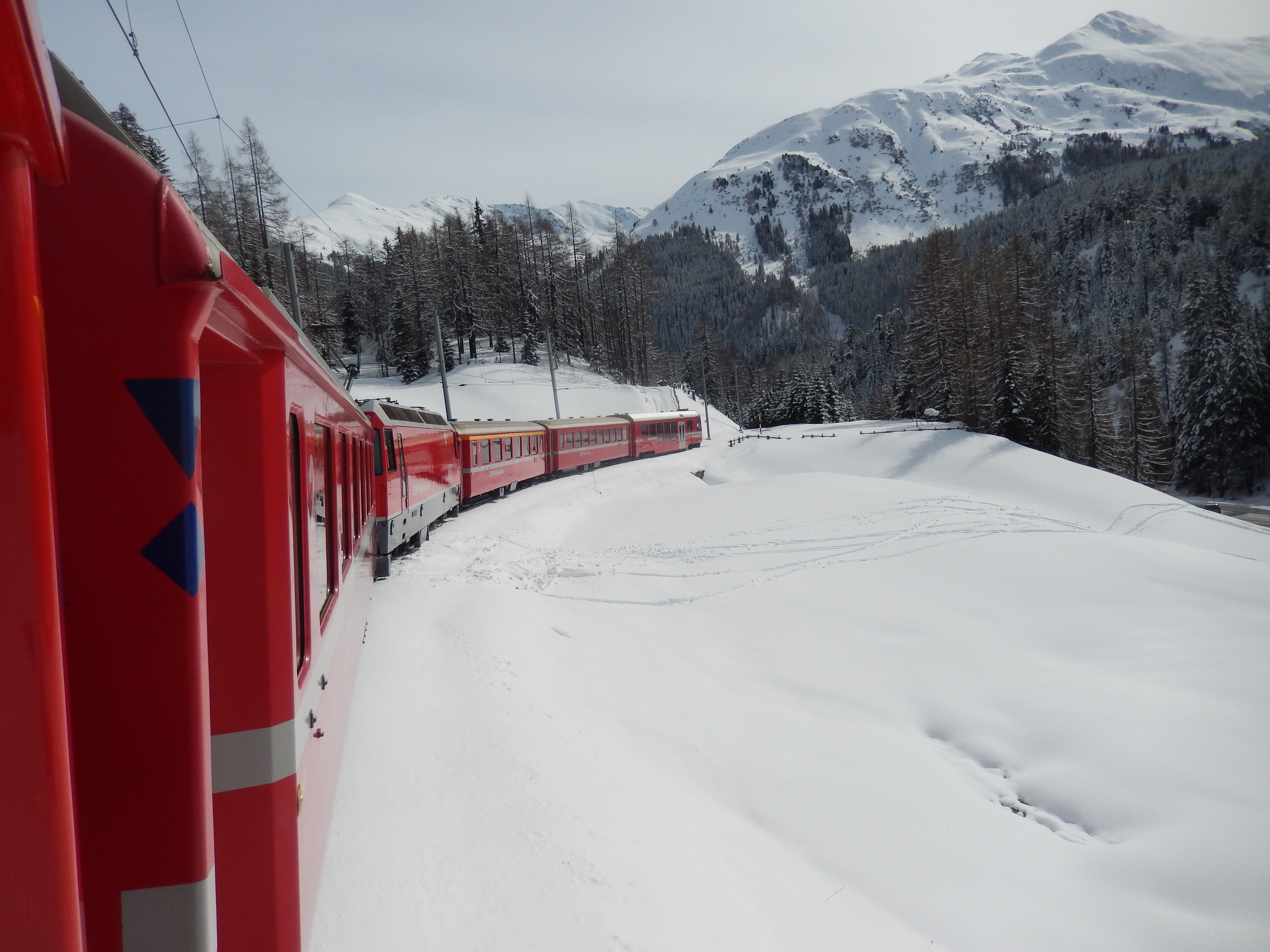 nature, snow, 4K, beauty in nature, scenics - nature, red, sky, rhaetian railways, mode of transportation, mountain, graubünden, ski resort, cold temperature, HD Wallpaper