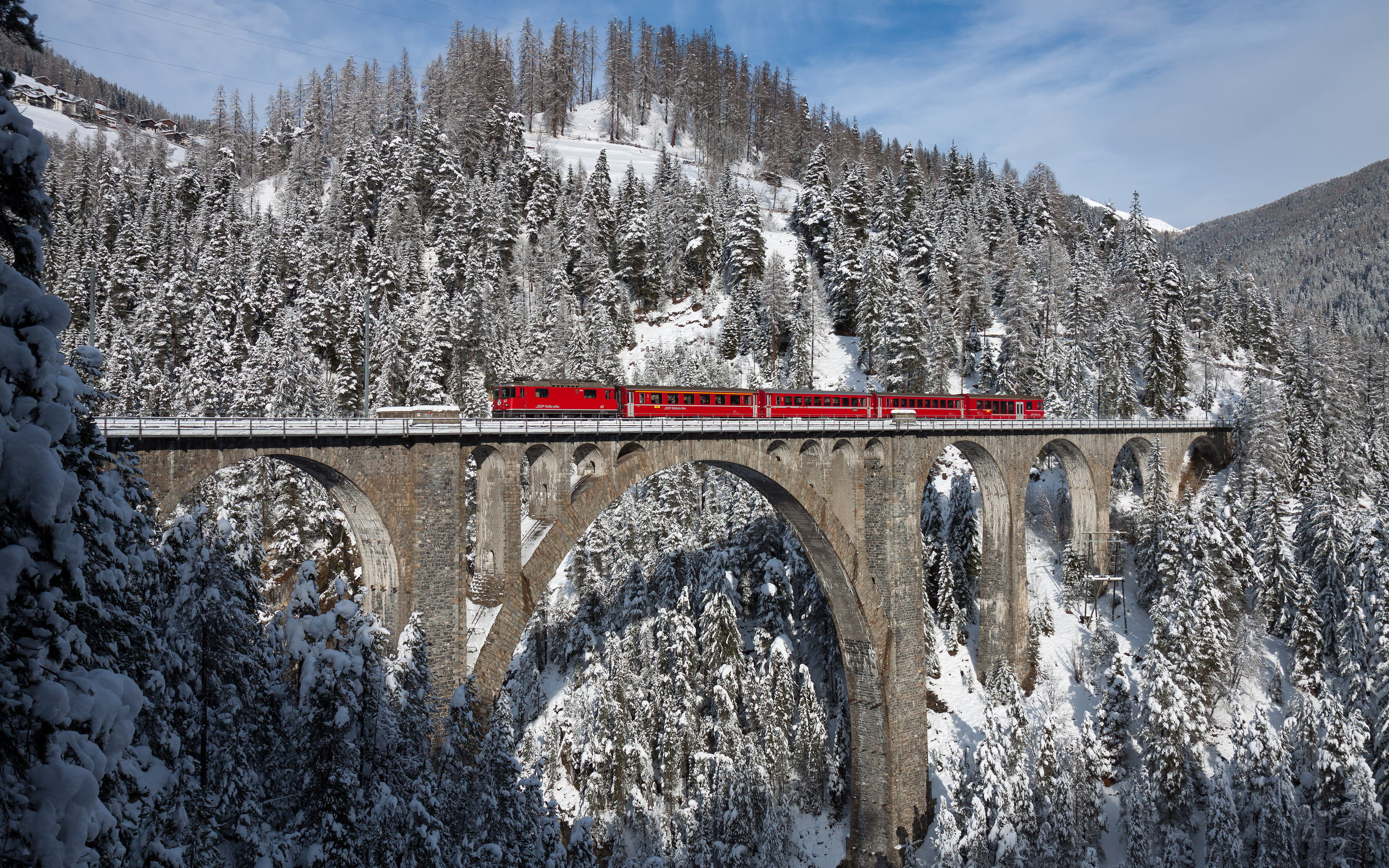 landscape, train, mountains, bernina express, railway, Swiss Alps, Switzerland, 2K, HD Wallpaper
