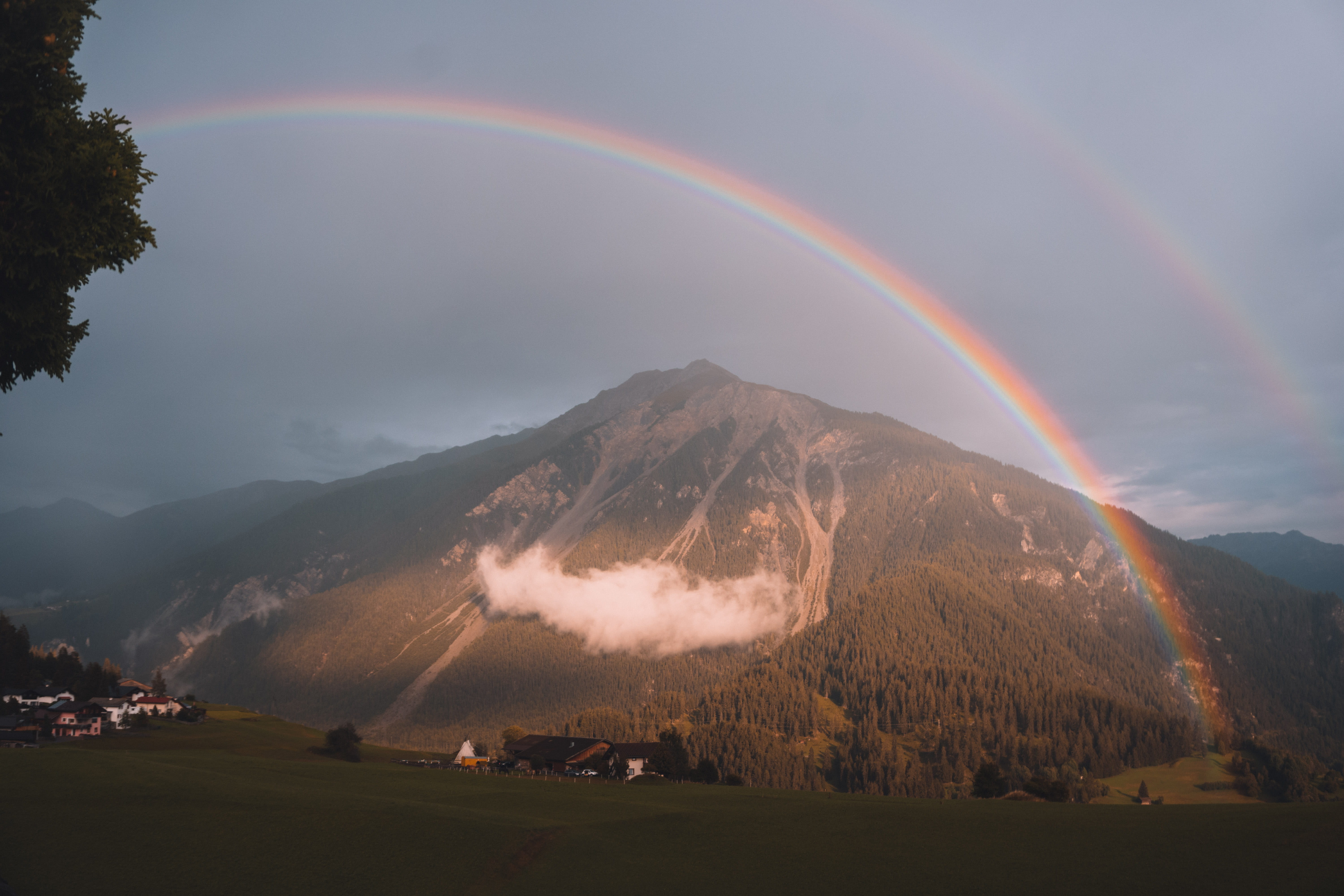 mountain, landscape, double rainbow, tree, forest, beauty in nature, peak, cloud - sky, background, switzerland, environment, graubunden, trees, hd, HD Wallpaper