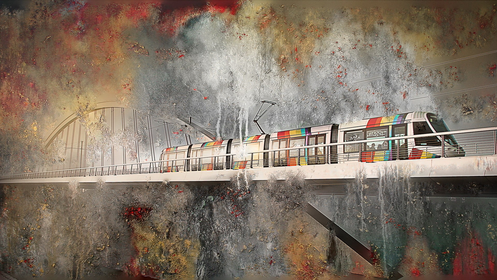 water, artwork, concrete, 1080P, outdoors, train, wall - building feature, built structure, architecture, hanging, transportation, painting, communication, HD Wallpaper