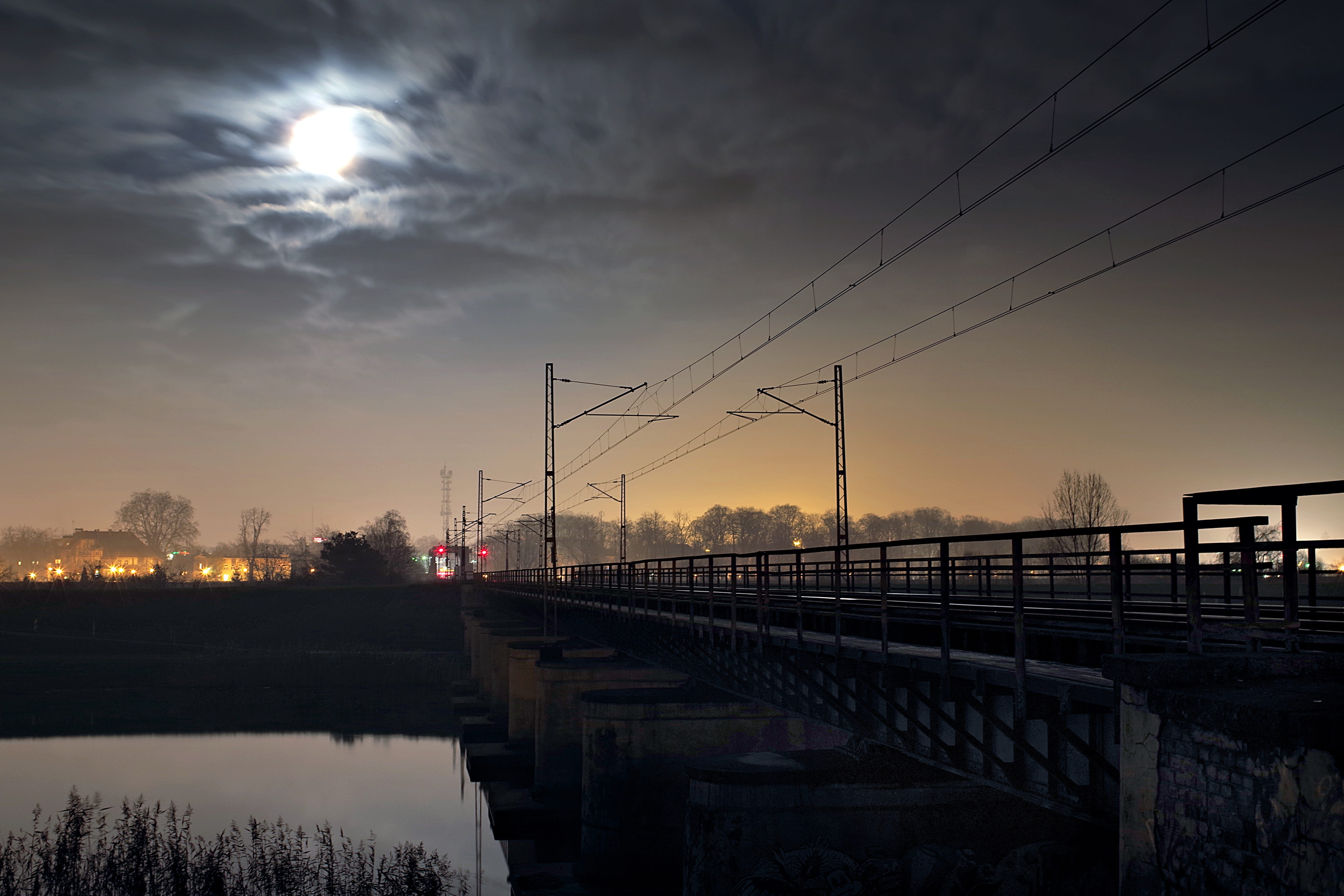 sky, electricity pylon, reflection, moon, twilight, pull station, railway, cloud - sky, the viaduct, bridge, cable, sun, beauty in nature, architecture, HD Wallpaper