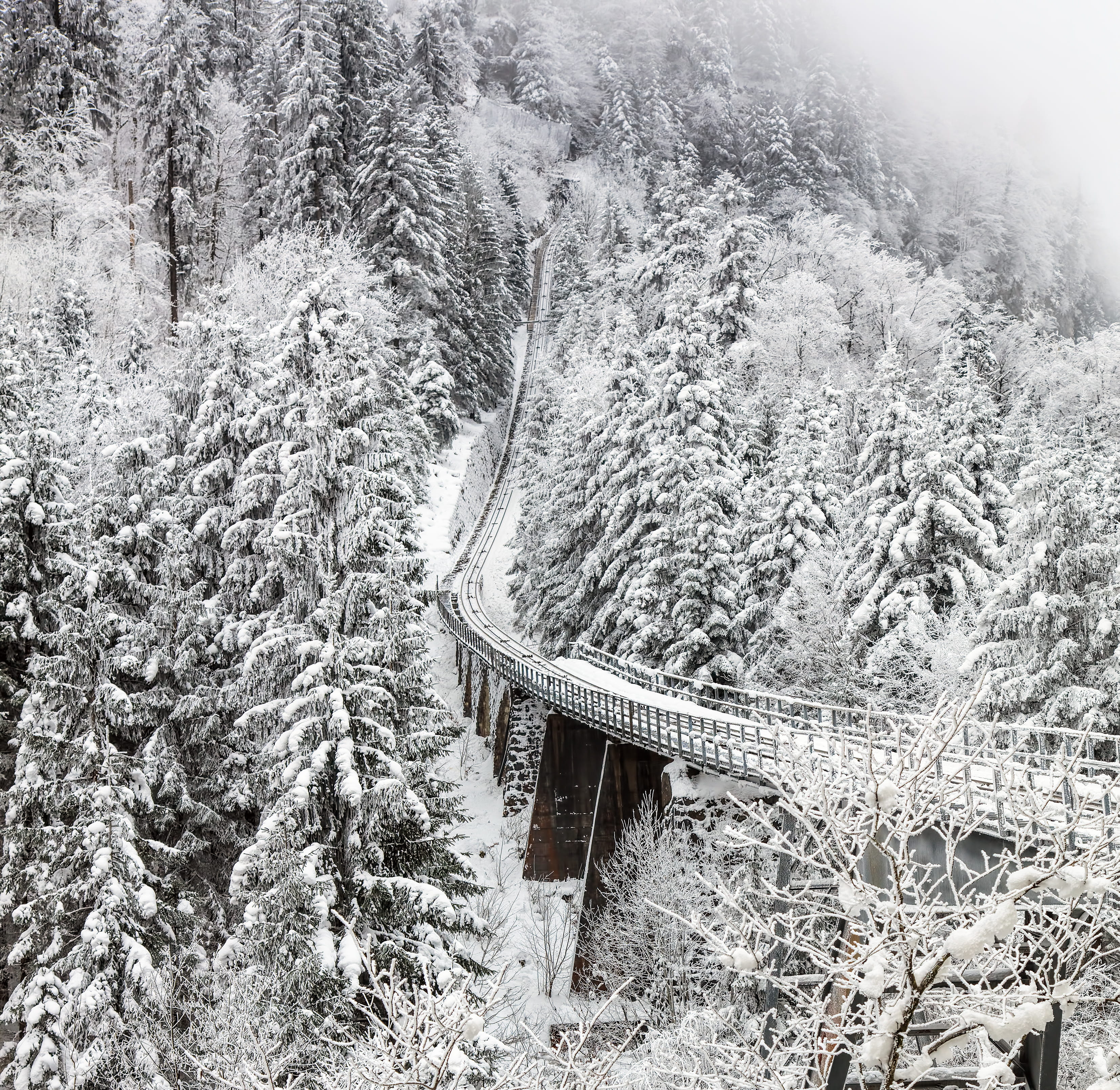 railway, winter, architecture, outdoors, tranquil scene, frozen, scenic, coniferous tree, cold temperature, land, viaduct, tree, built structure, aerial, HD Wallpaper