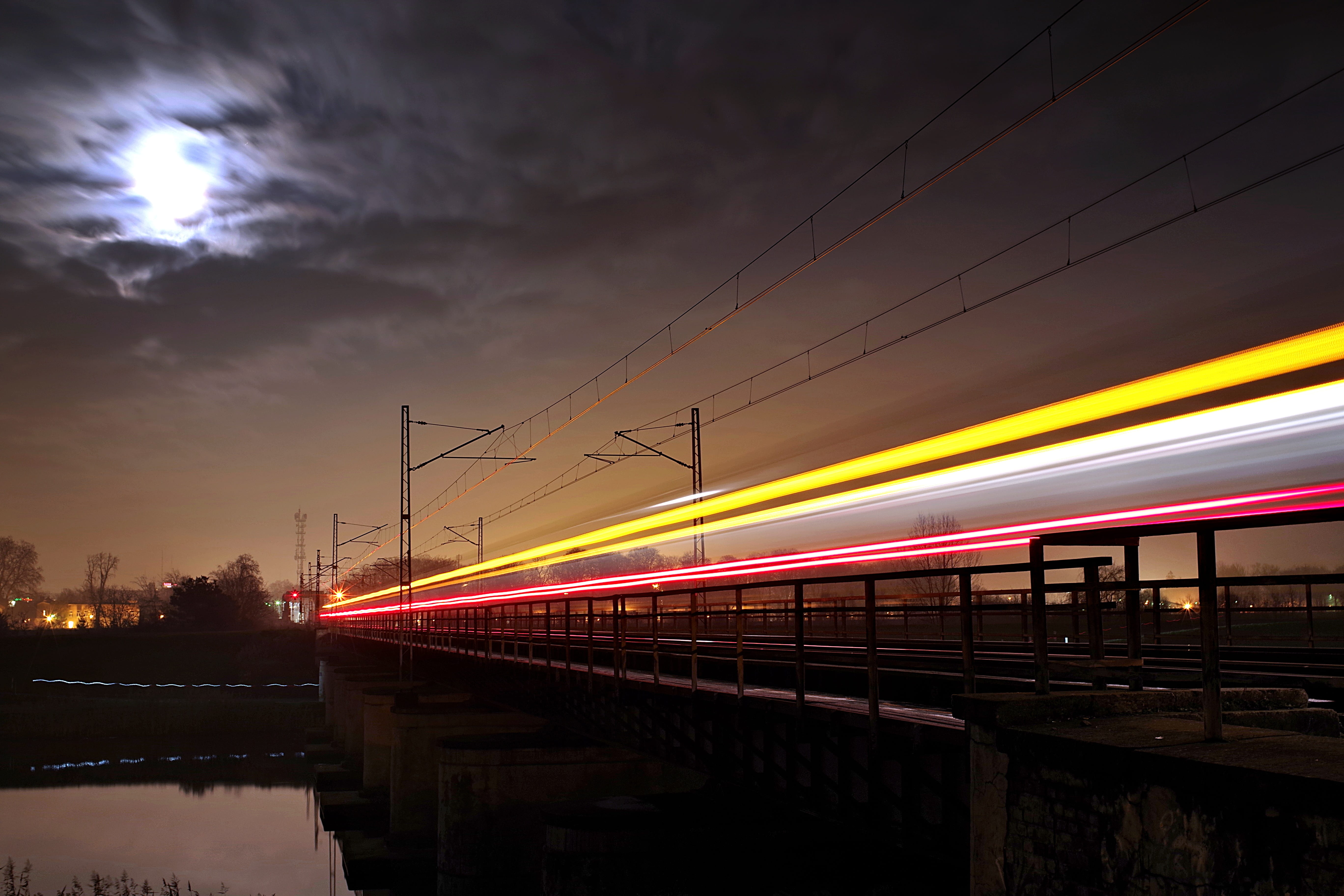 railway line, sky, railway, architecture, motion, no people, 5K, transport, speed, bridge - man made structure, transportation, tracks, long exposure, HD Wallpaper