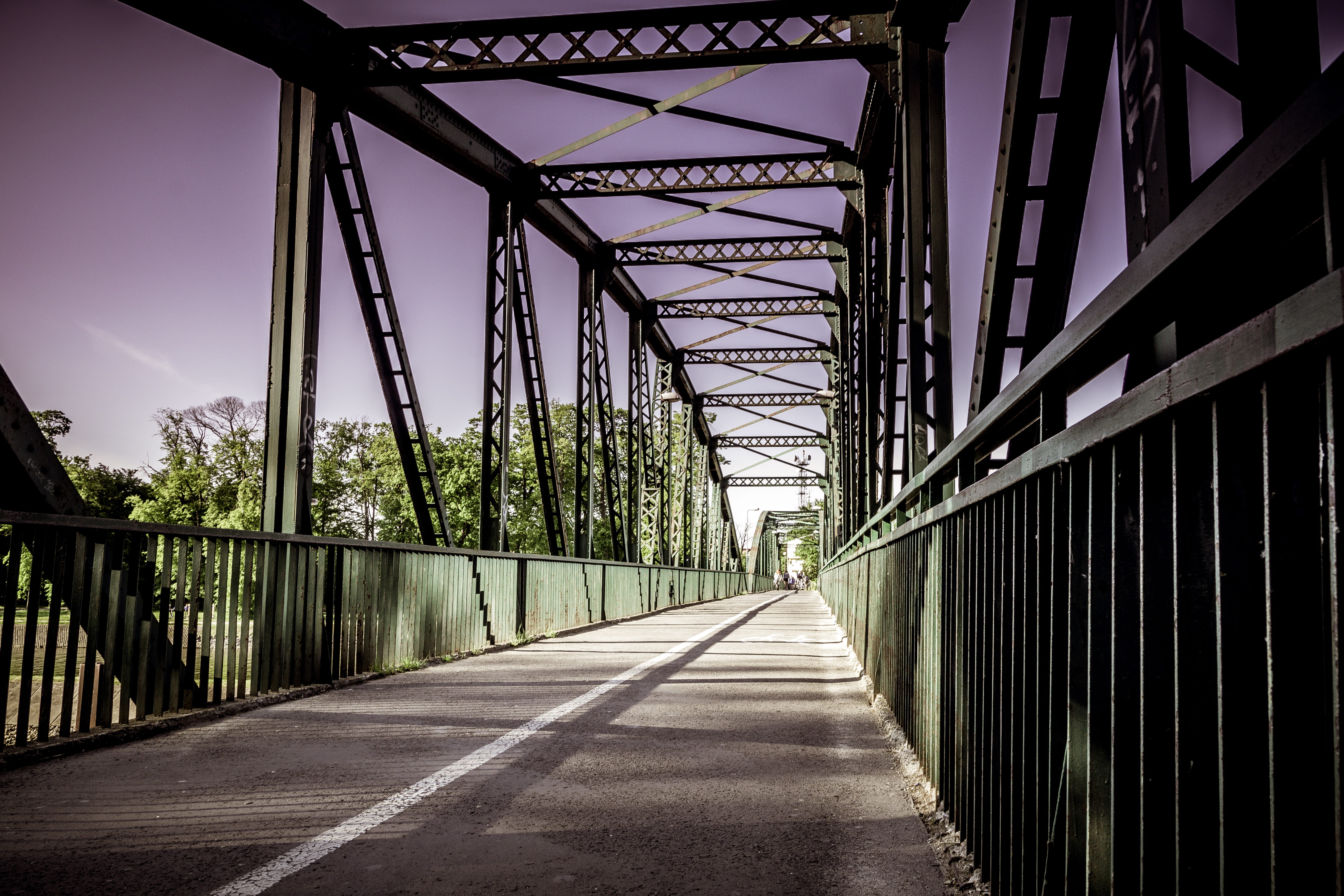 diminishing perspective, steel, 5K, tree, plant, direction, railway bridge, cycle path, connection, vanishing point, engineering, river, transport, bridge, HD Wallpaper
