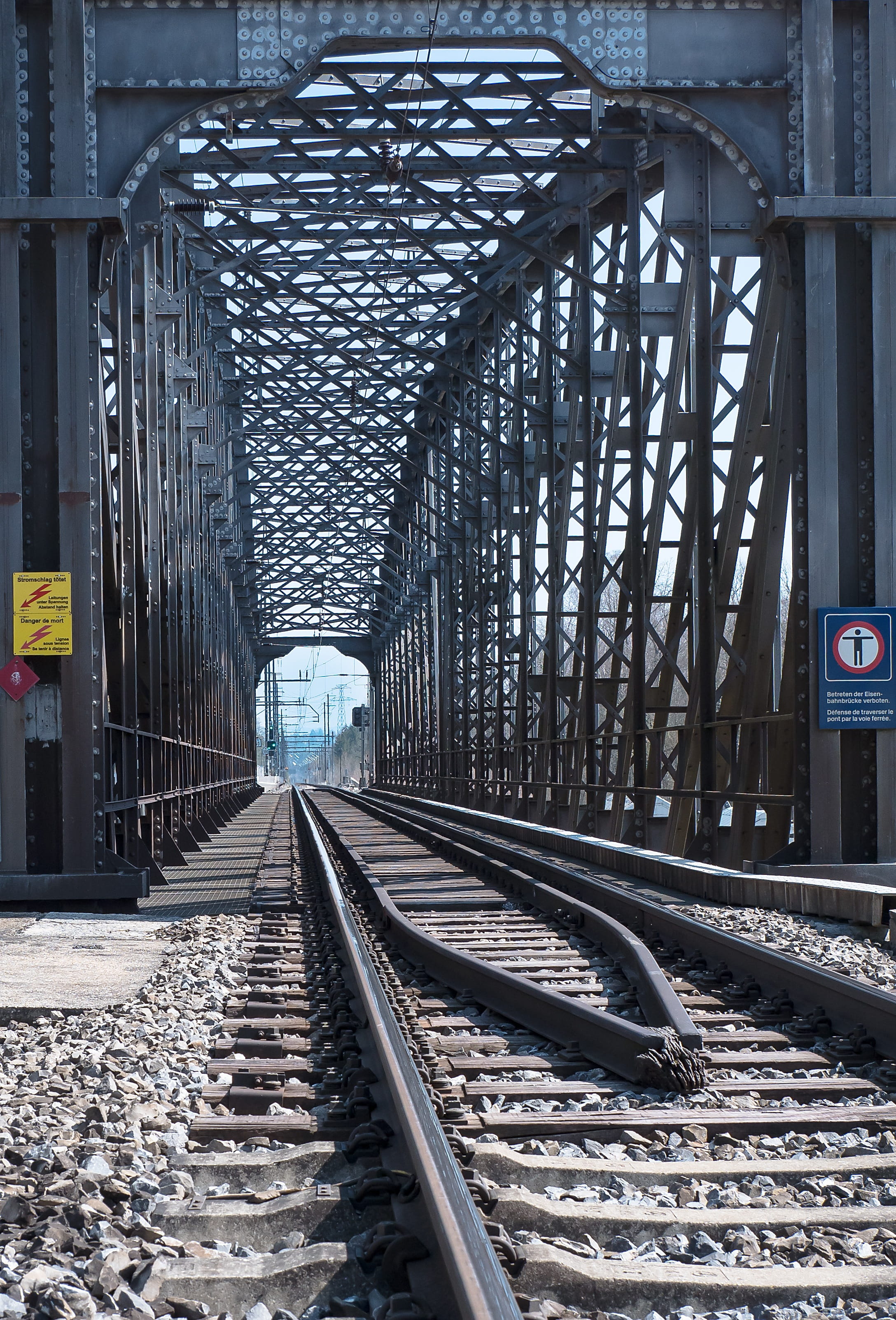 metal, railroad track, transportation, long, outdoors, direction, railway, day, route, no people, public transportation, bridge - man made structure, viaduct, Phone HD Wallpaper