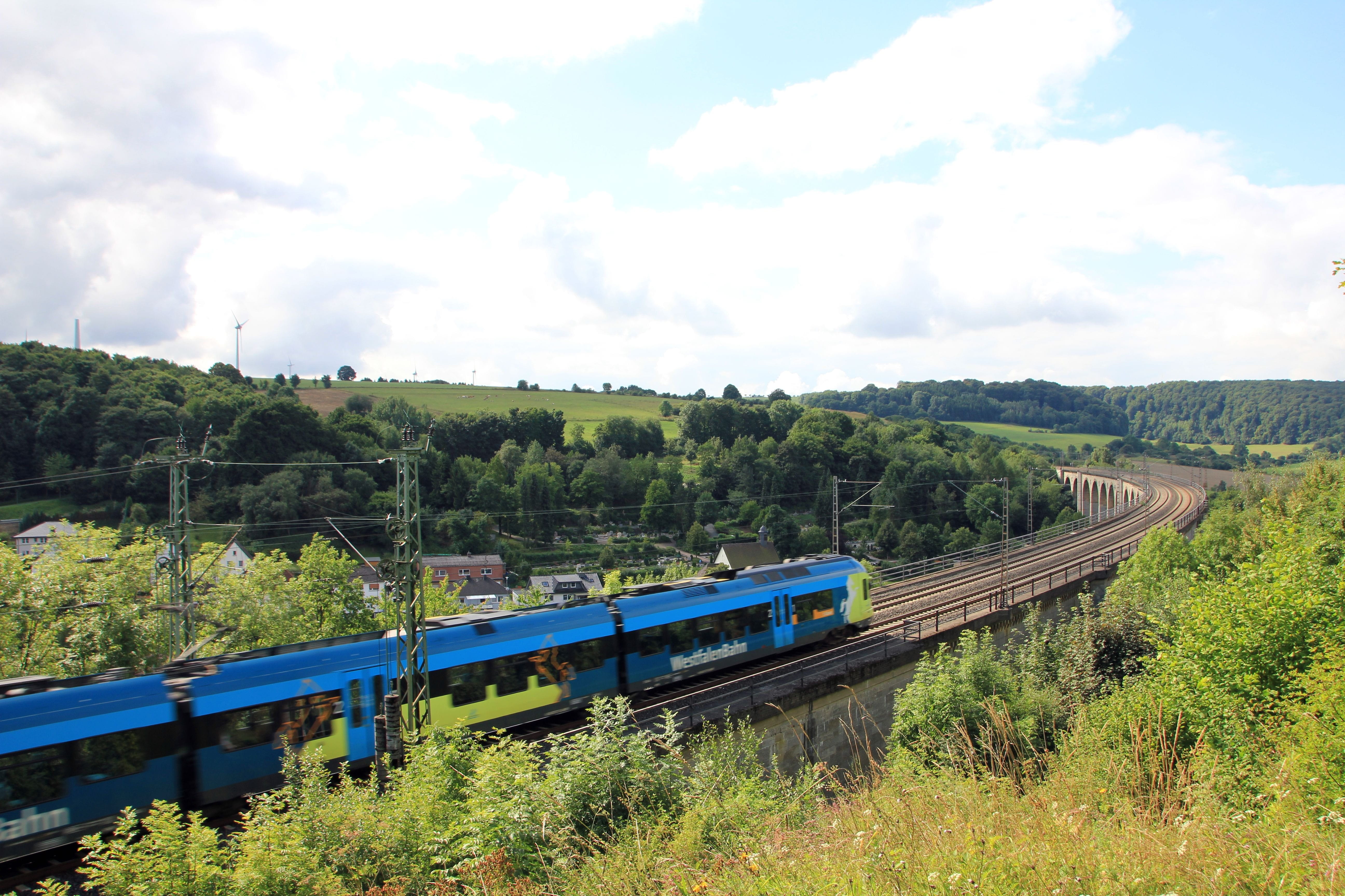 land, bridge - man made structure, train - vehicle, mode of transportation, tree, cloud - sky, day, seemed, 5K, rural scene, bridge, Viaduct, outdoors, HD Wallpaper