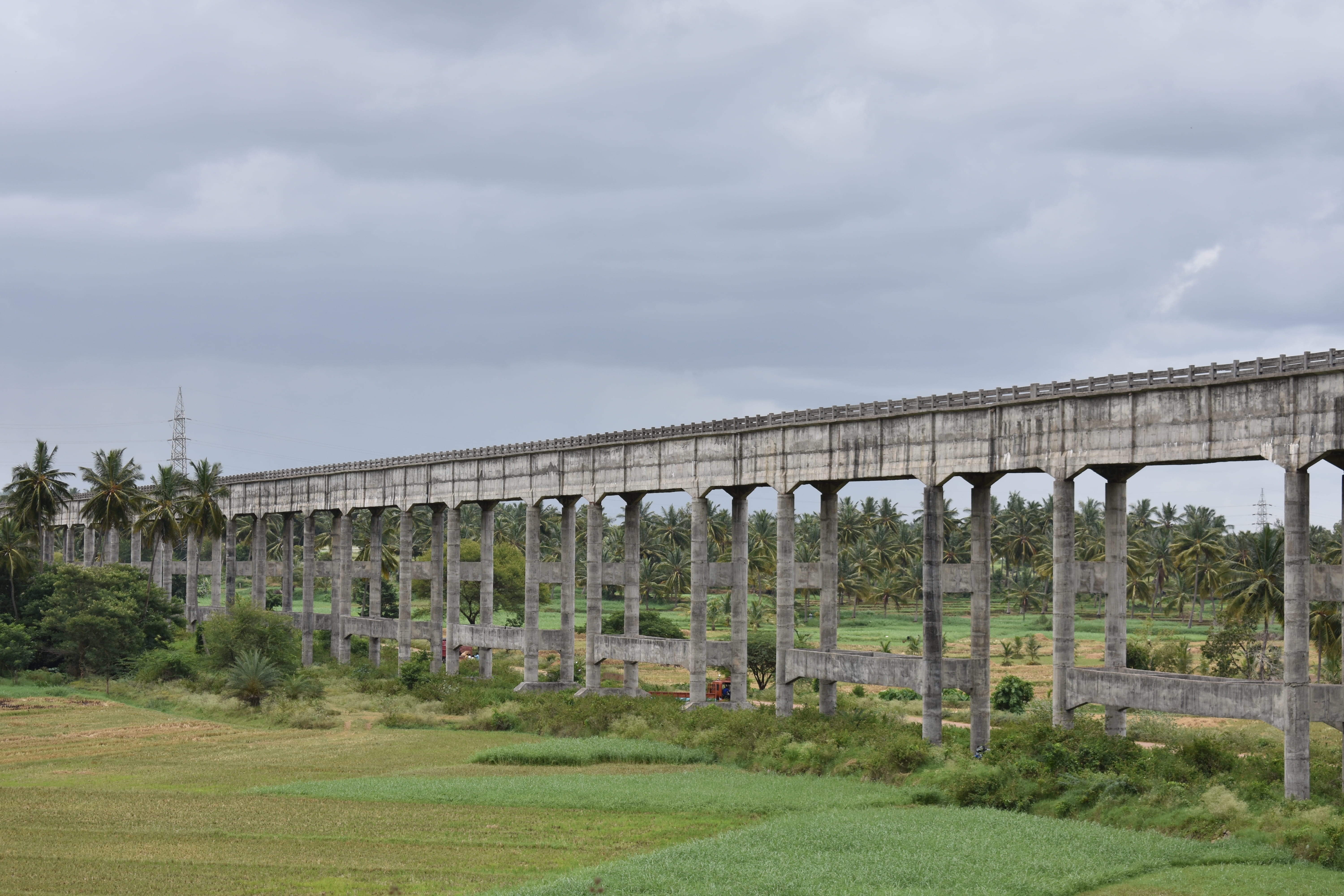 rail transportation, connection, transportation, landscape, architectural column, arch bridge, no people, brown, sky, architecture, cloud - sky, tree, grass, HD Wallpaper