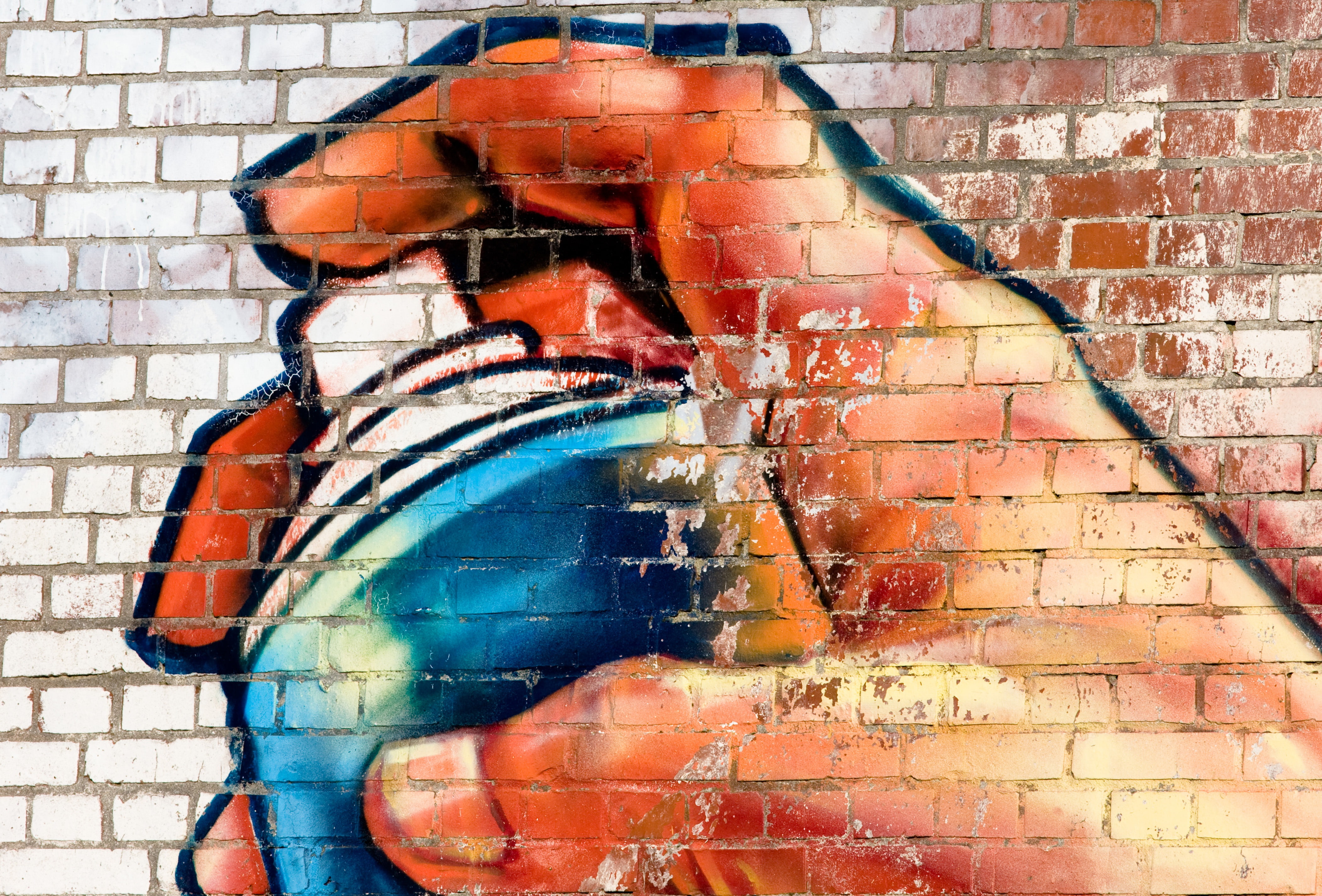 surface, outdoors, male likeness, red, brick wall, hand, building exterior, creativity, bottle, sculpture, statue, close-up, 4K, texture, built structure, HD Wallpaper
