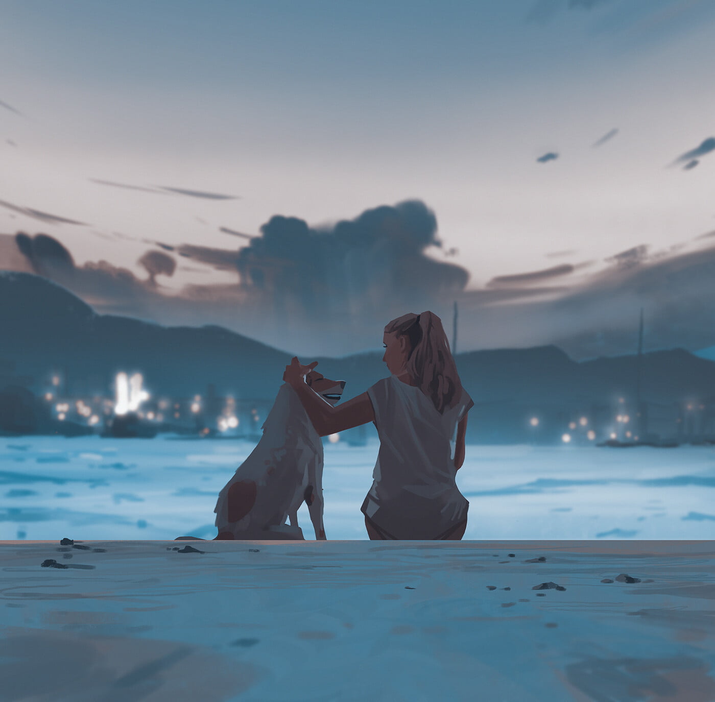 dog, Atey Ghailan, sitting, women, ArtStation, digital art, 720P, drawing, artwork, pet, HD Wallpaper