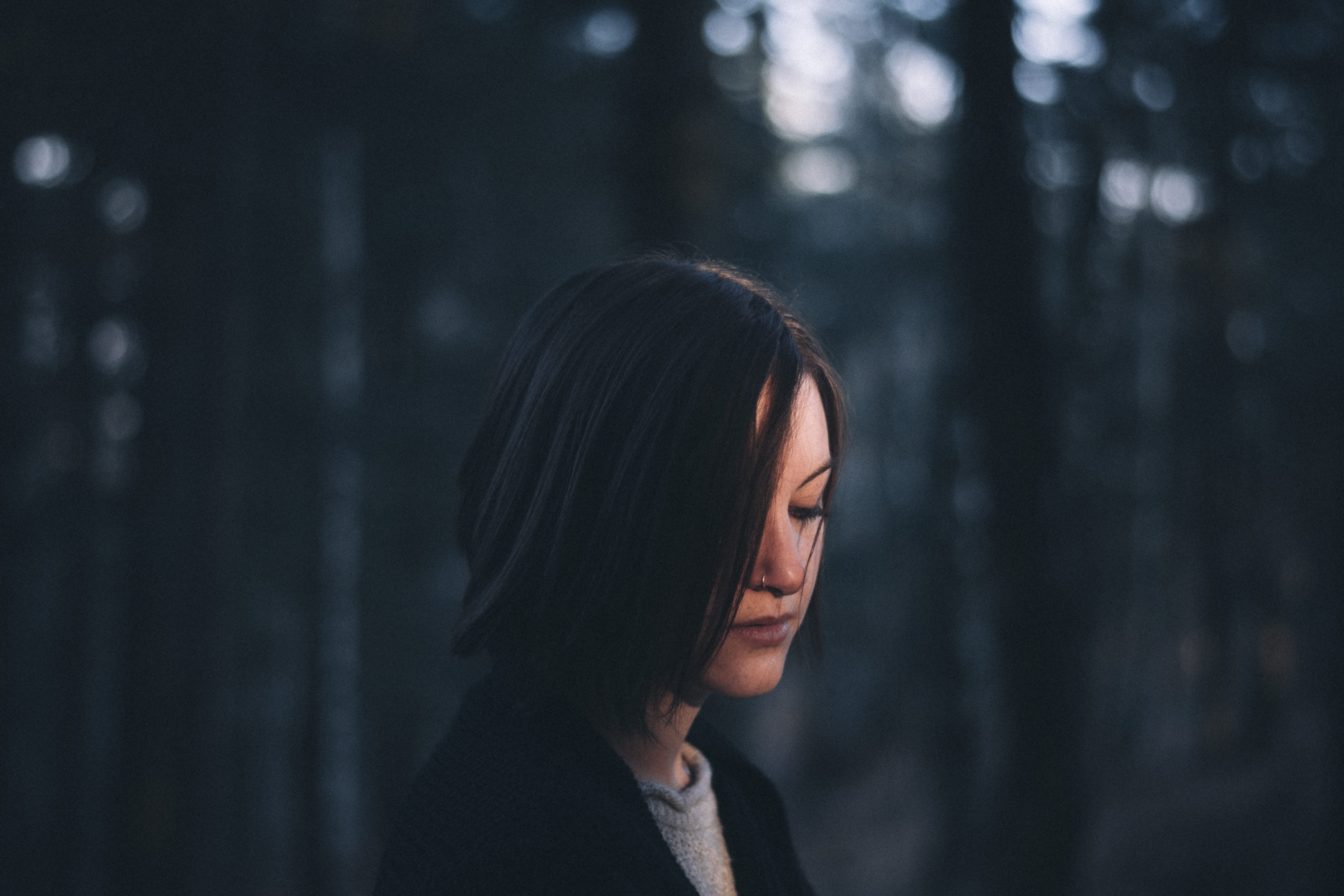 eye, women, young adult, hairstyle, depression - sadness, black, profile, wood, beautiful woman, tree, emotion, selective, contemplation, outdoors, photography, HD Wallpaper