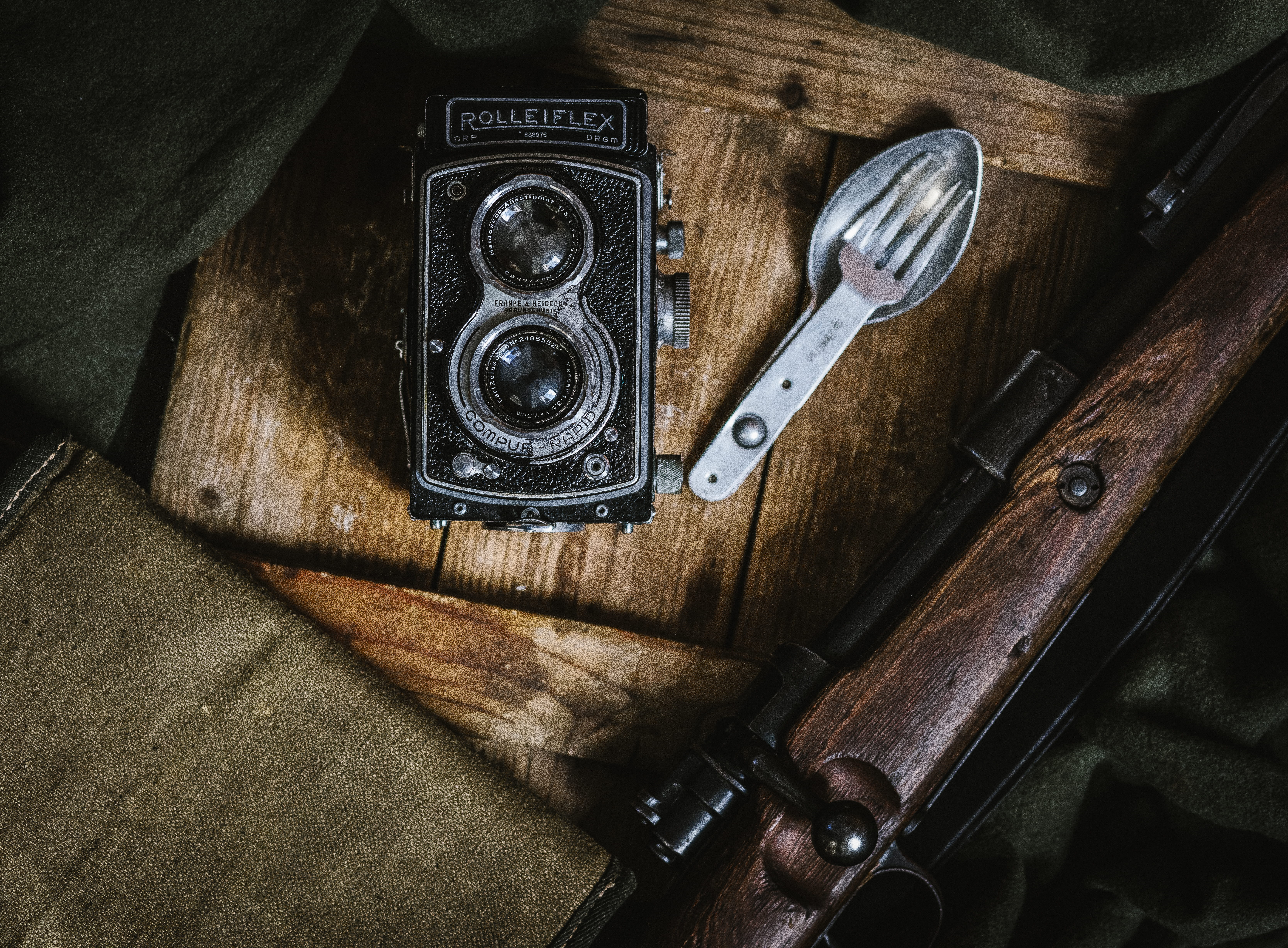 black, container, vintage, metal, camera, fork, photography, no people, security, wood - material, rolleiflex, reflex camera, flat, 5K, close-up, leather, HD Wallpaper