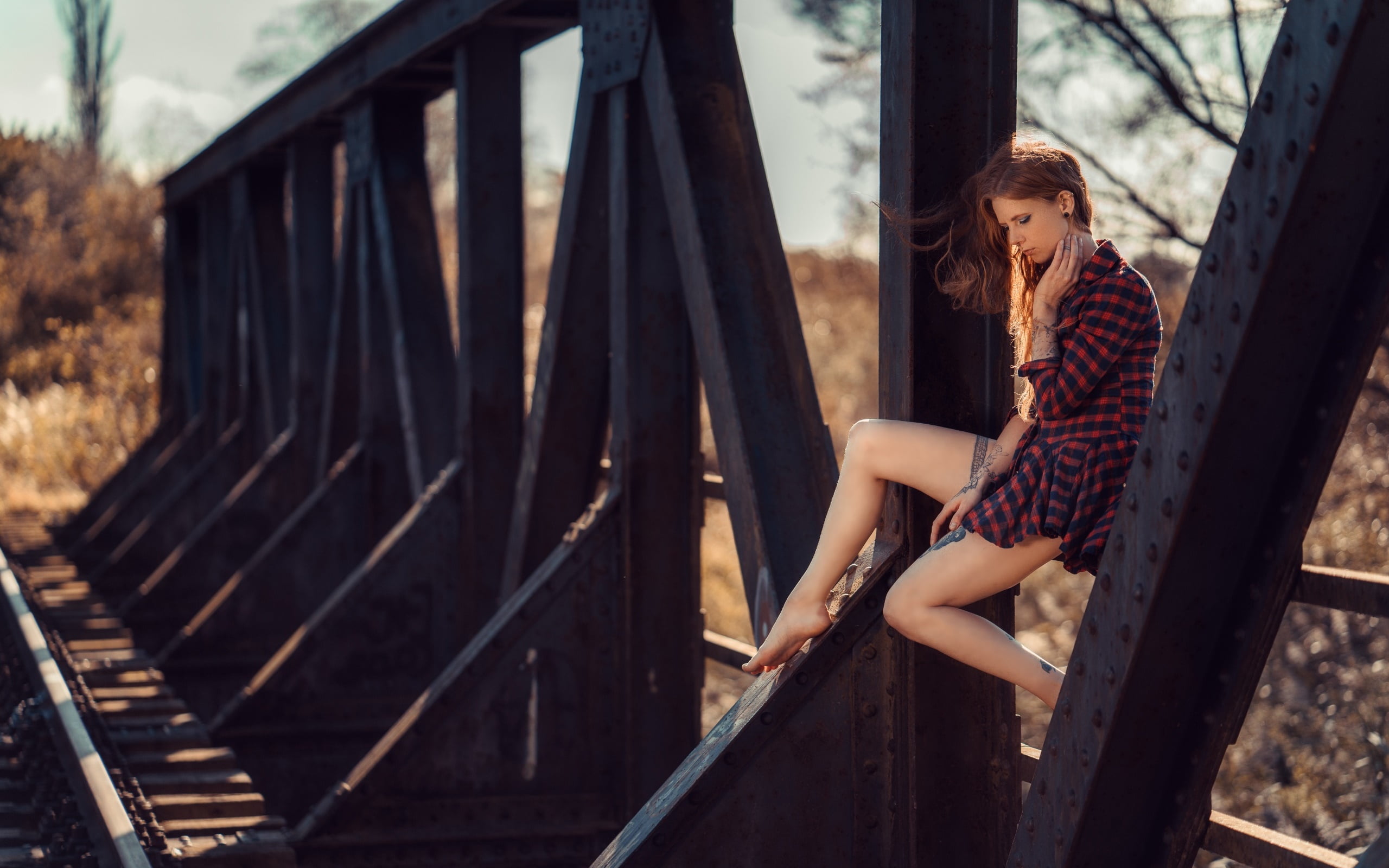 young adult, sitting, women, beautiful woman, portrait, one person, hairstyle, railway, bridge, staircase, casual clothing, contemplation, looking at camera, HD Wallpaper