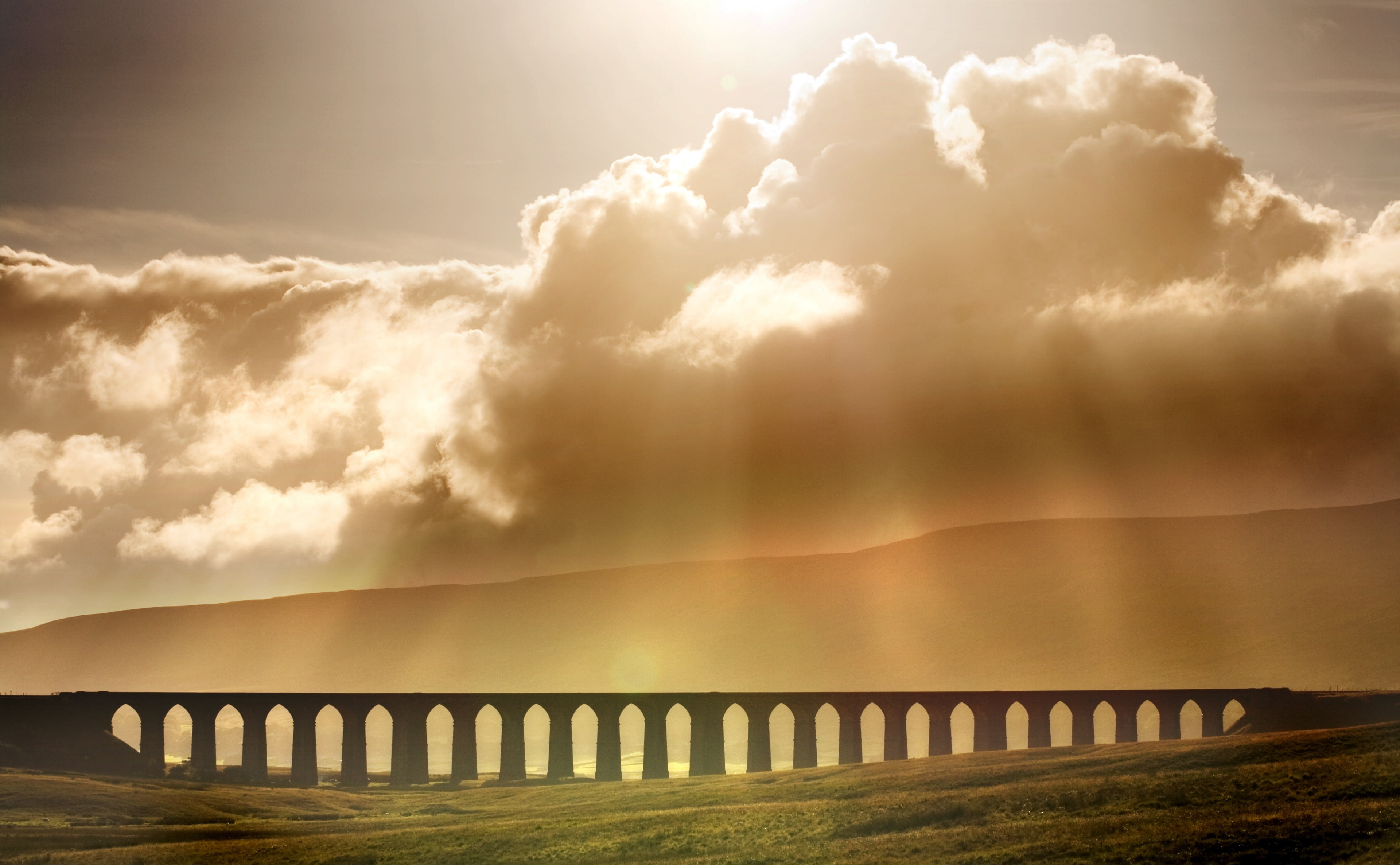 Clouds, scenics - nature, cloud - sky, fog, architecture, transportation, Ribblehead, Scenery, sunset, Landscape, Europe, Sunshine, connection, sunlight, HD Wallpaper