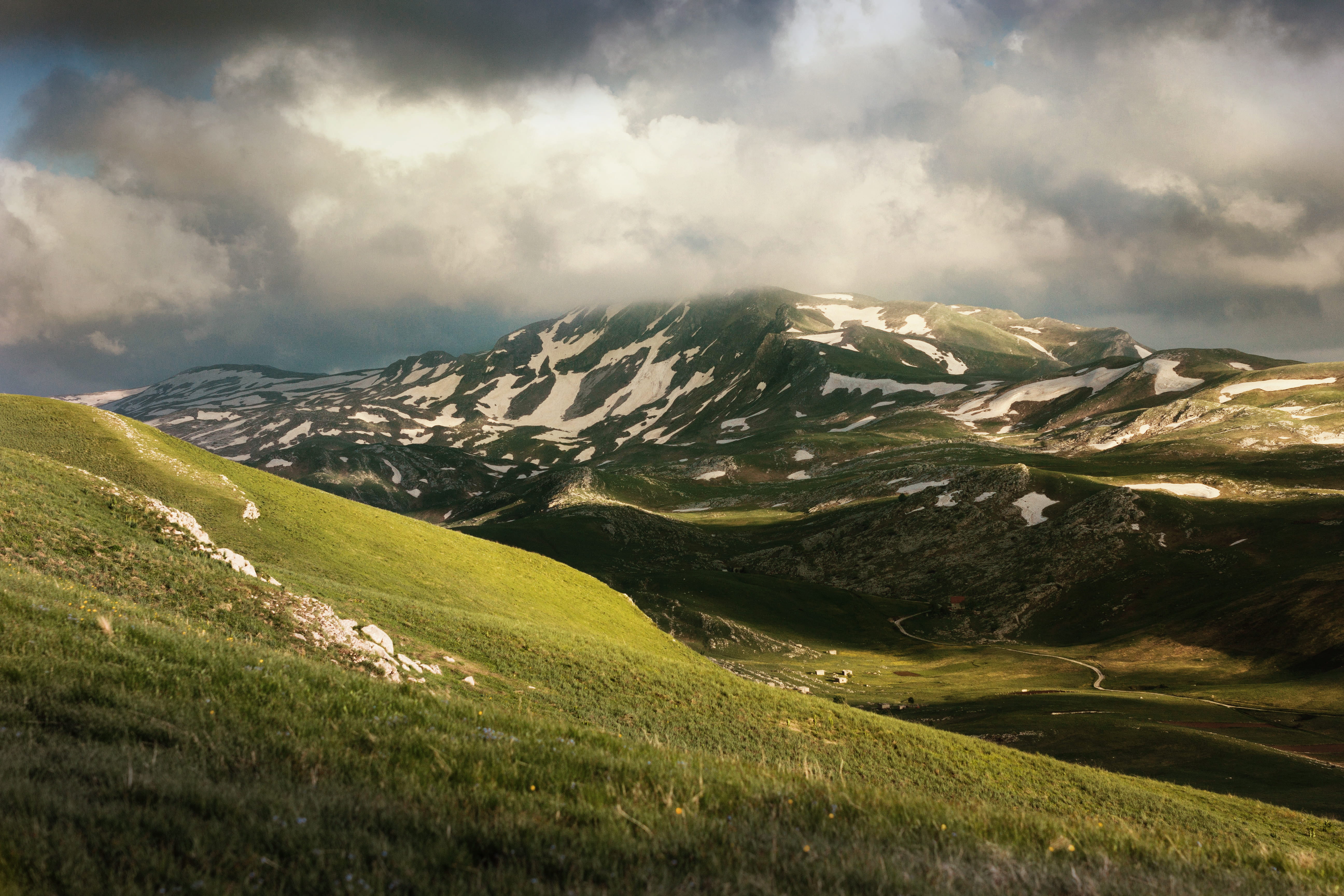 crest, grass, tranquility, scenics - nature, environment, land, mountain, peak, cloud - sky, green, montenegro, tranquil scene, nature, snowcapped mountain, HD Wallpaper