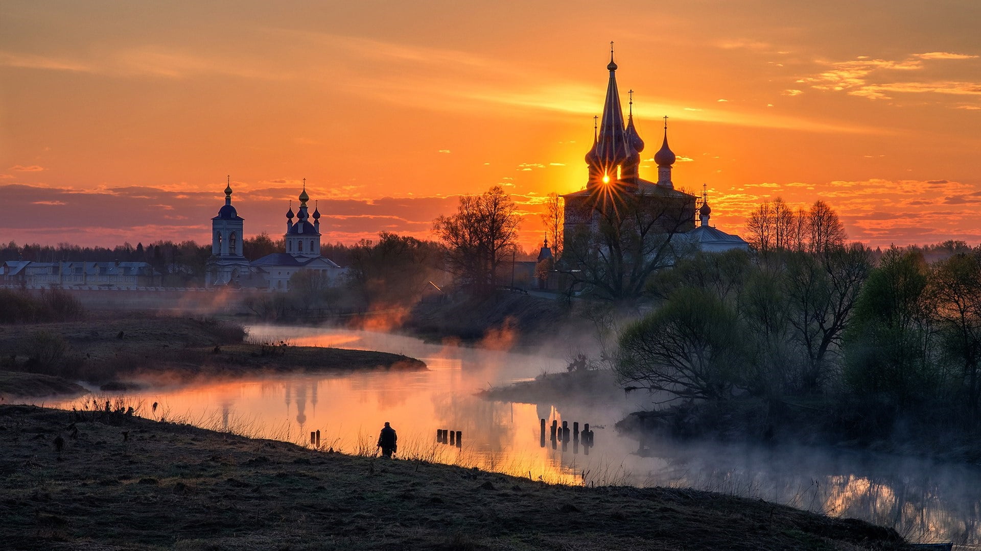 dunilovo, sunset, building, travel destinations, spire, reflection, dawn, religion, water, tower, built structure, river, teza river, outdoors, morning, HD Wallpaper