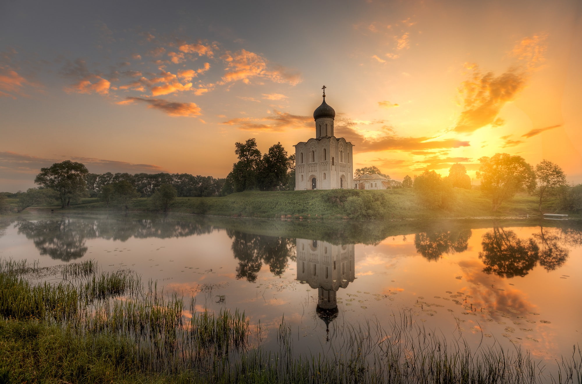 Orthodoxy, Russia, Of the intercession on the Nerl, perfection, dawn, Gordeev Edward, morning, Bogomolova, architecture, 1080P, river, the evening, Pokrova on the Nerli, HD Wallpaper