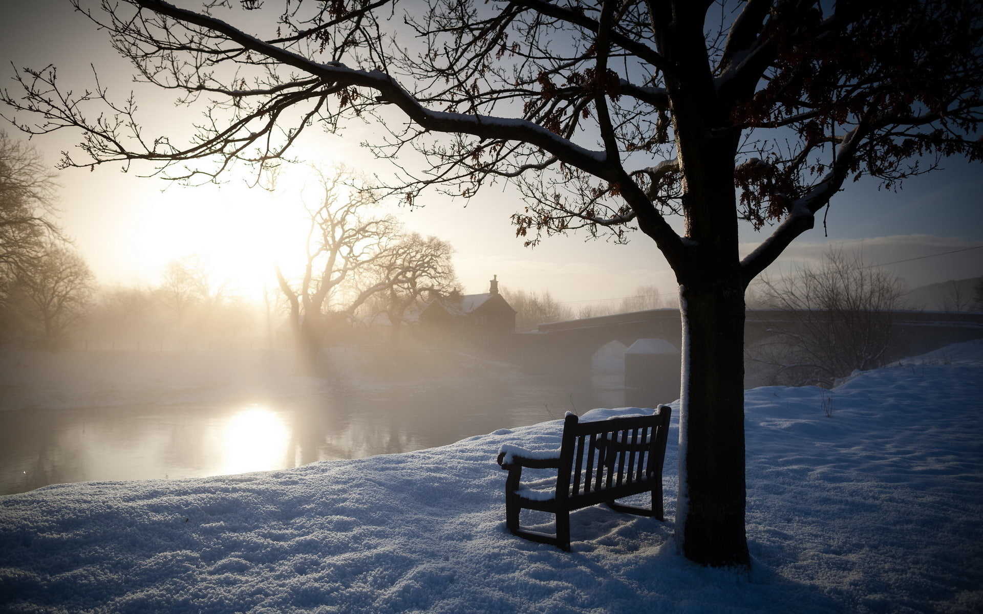 fog, trees, bridges, sunrise, snow, bench, morning, 1080P, winter, rivers, dawn, Nature, landscapes, HD Wallpaper