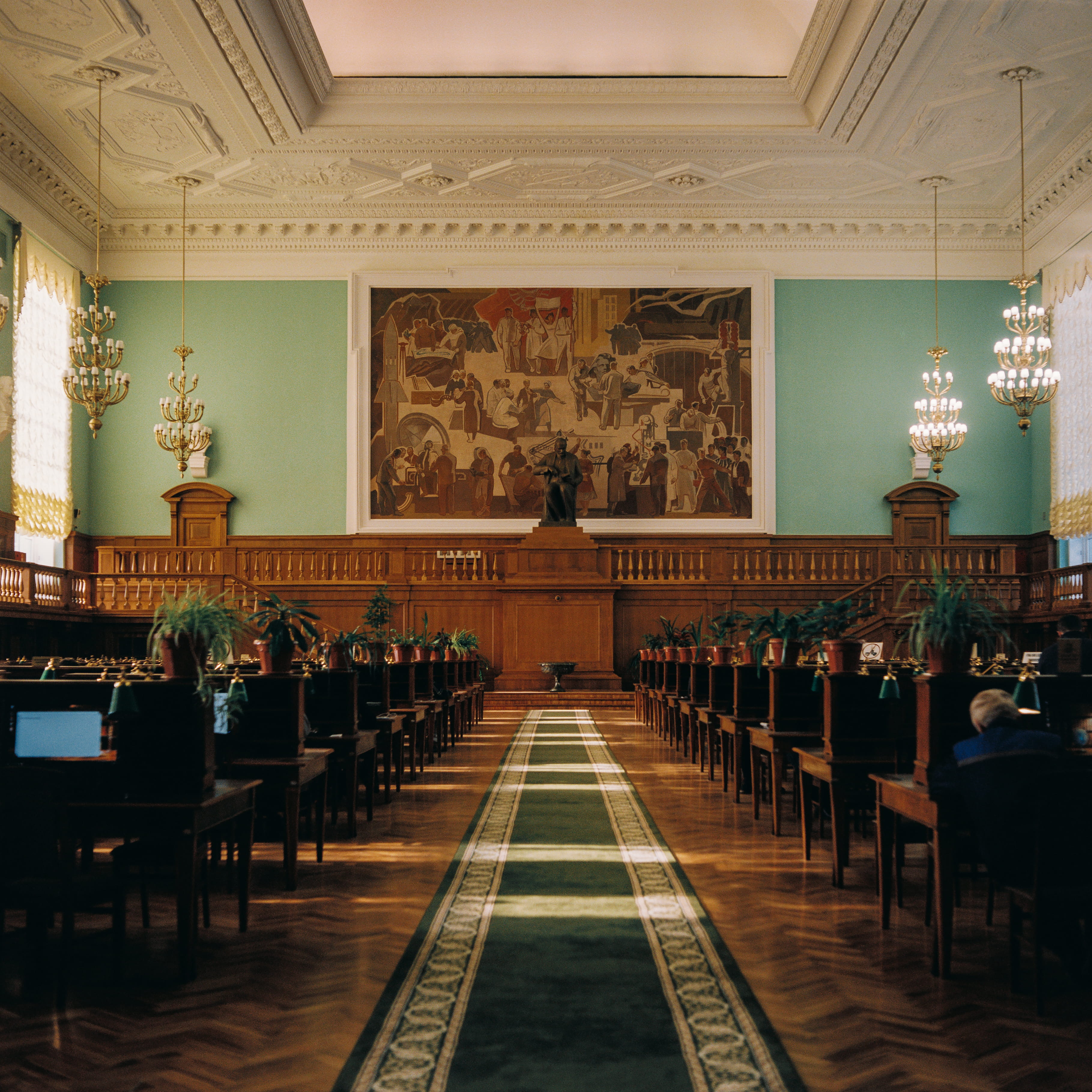 architecture, wood - material, illuminated, chair, library, place of worship, lighting equipment, sitting, ceiling, russian state library, table, women, Phone HD Wallpaper