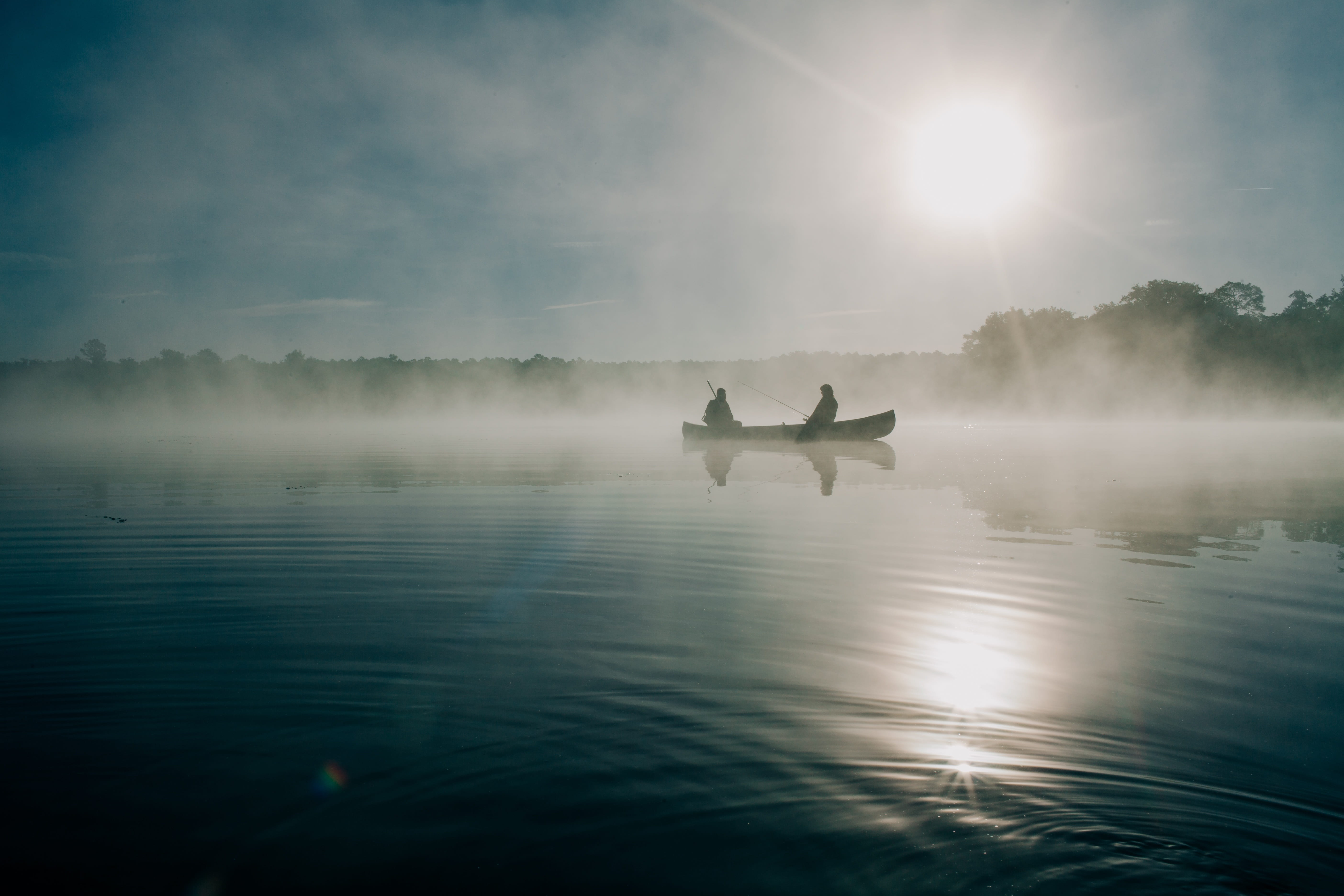 fishing, fishing boat, reflection, scenics - nature, riding, sky, two, sunlight, sunrise, daytime, sun, tranquil scene, rod, people, water, canoe, boat, HD Wallpaper