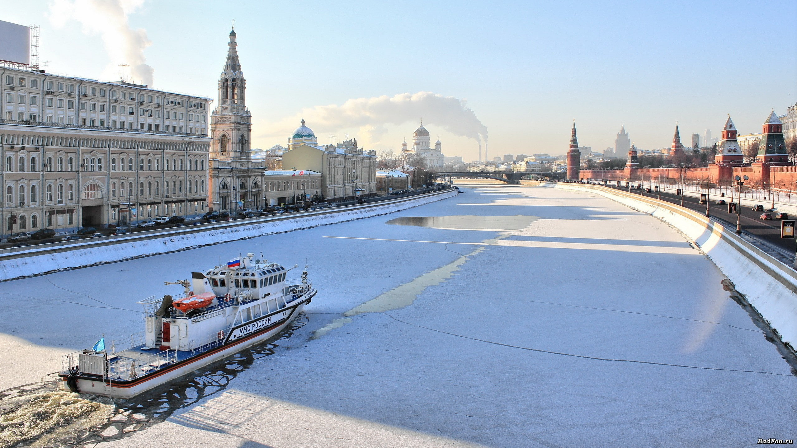 morning, russia, moscow, russian, river, rivers, 2K, sunrise, kremlin, winter, ships, HD Wallpaper