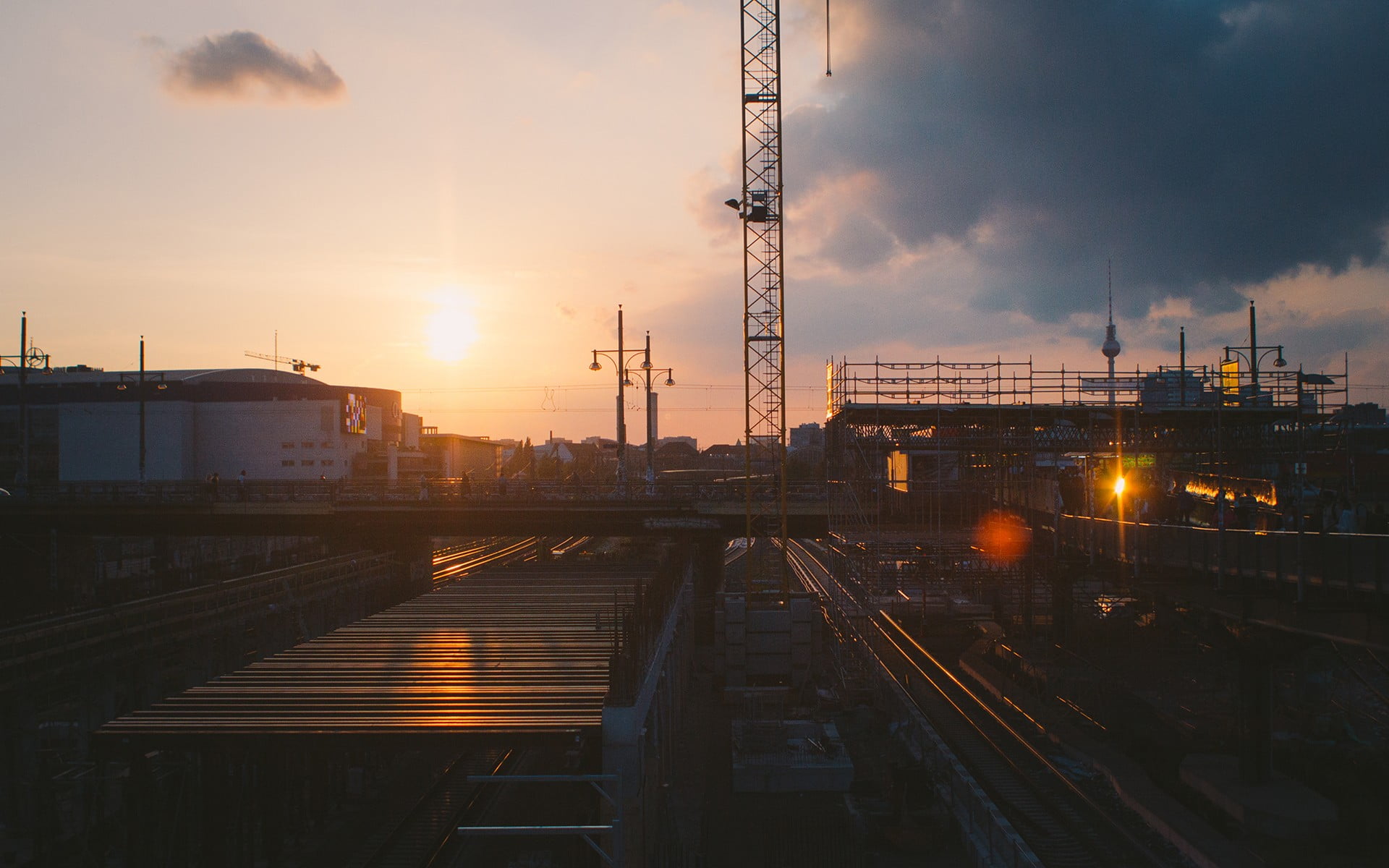brown, station, electricity, mode of transportation, railroad station, built structure, cloud - sky, rail transportation, sun, 1080P, buildings, building exterior, HD Wallpaper