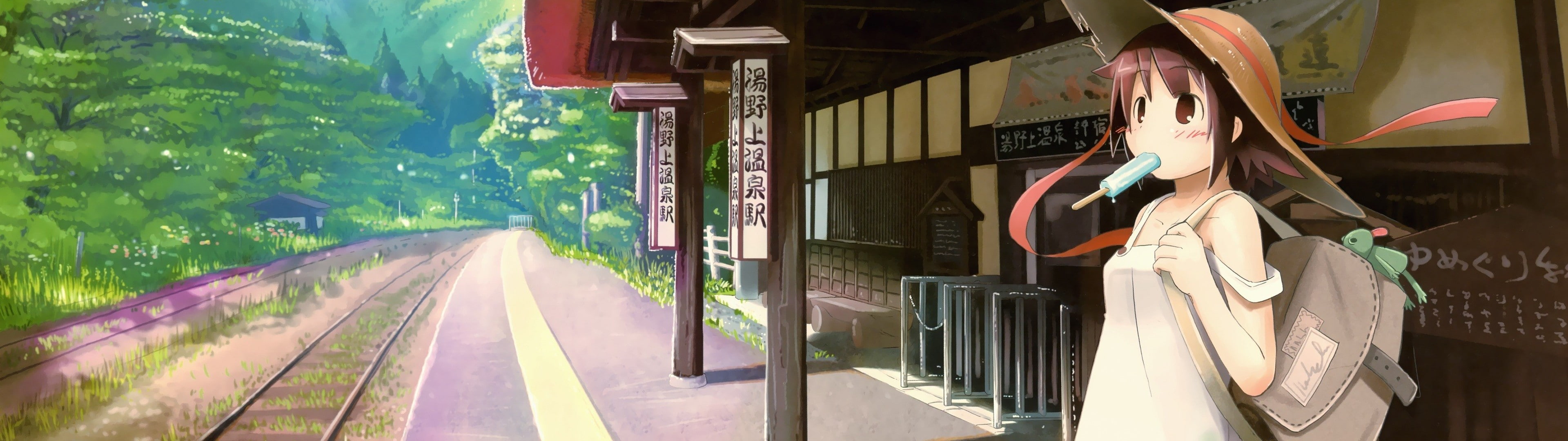 sun hats, train station, anime girls, soft shading, anime, 4K, HD Wallpaper