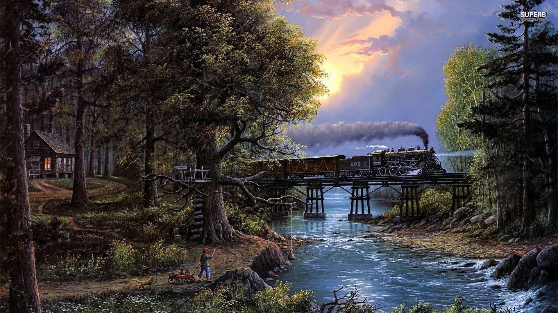 1080P, trees, stones, river, train, cabin, Sun, HD Wallpaper