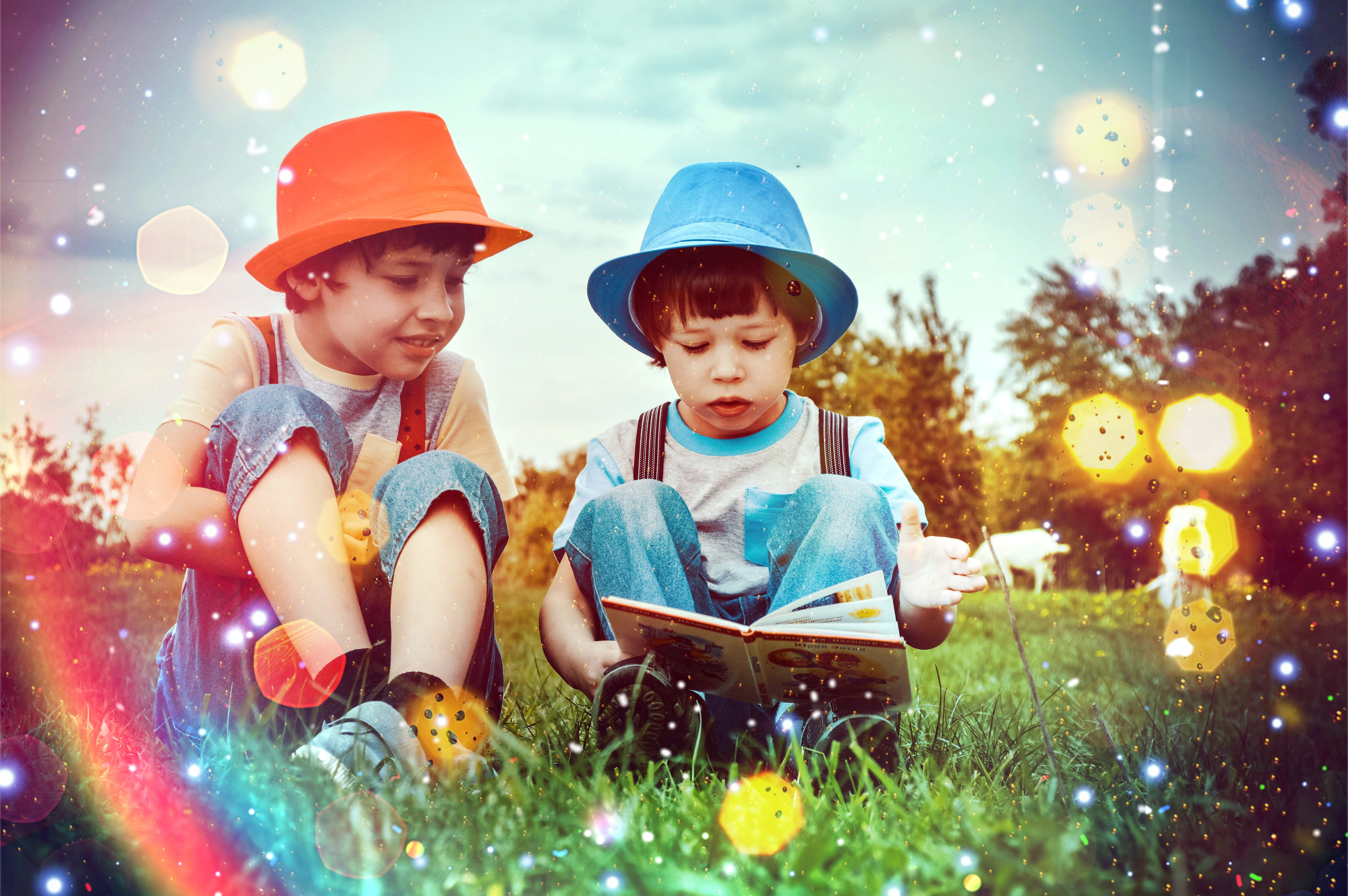 kids, the glare, emotion, rainbow, hat, grass, males, innocence, family, two people, meadow, training, brother, apprentice, boy, cute, nature, books, reading, HD Wallpaper