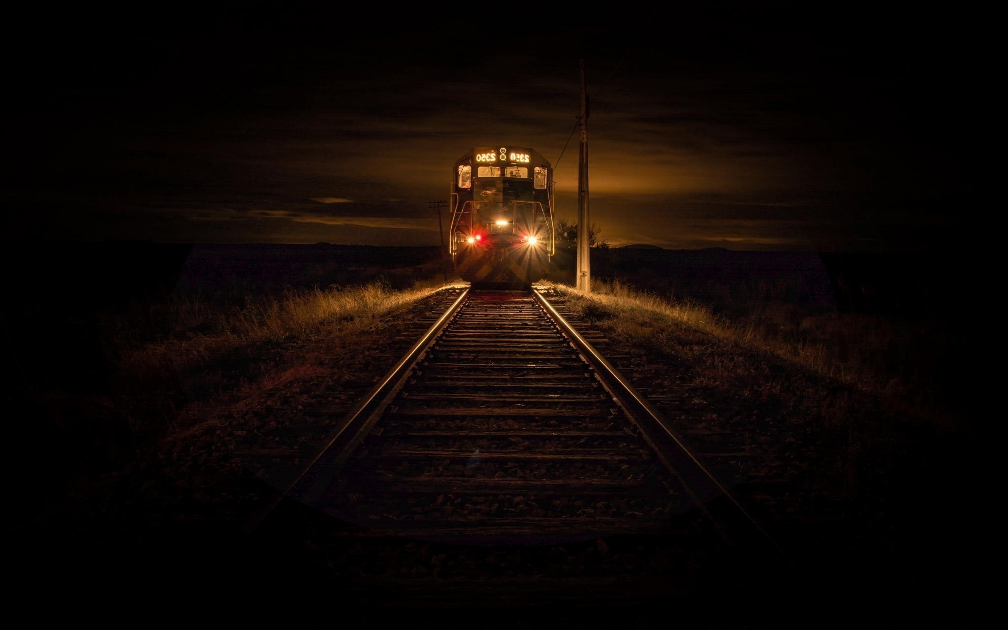 illuminated, landscape nature 2350 train railway dry grass lights evening technology chile diesel locomotives, rail transportation, vanishing point, mode of transportation, HD Wallpaper