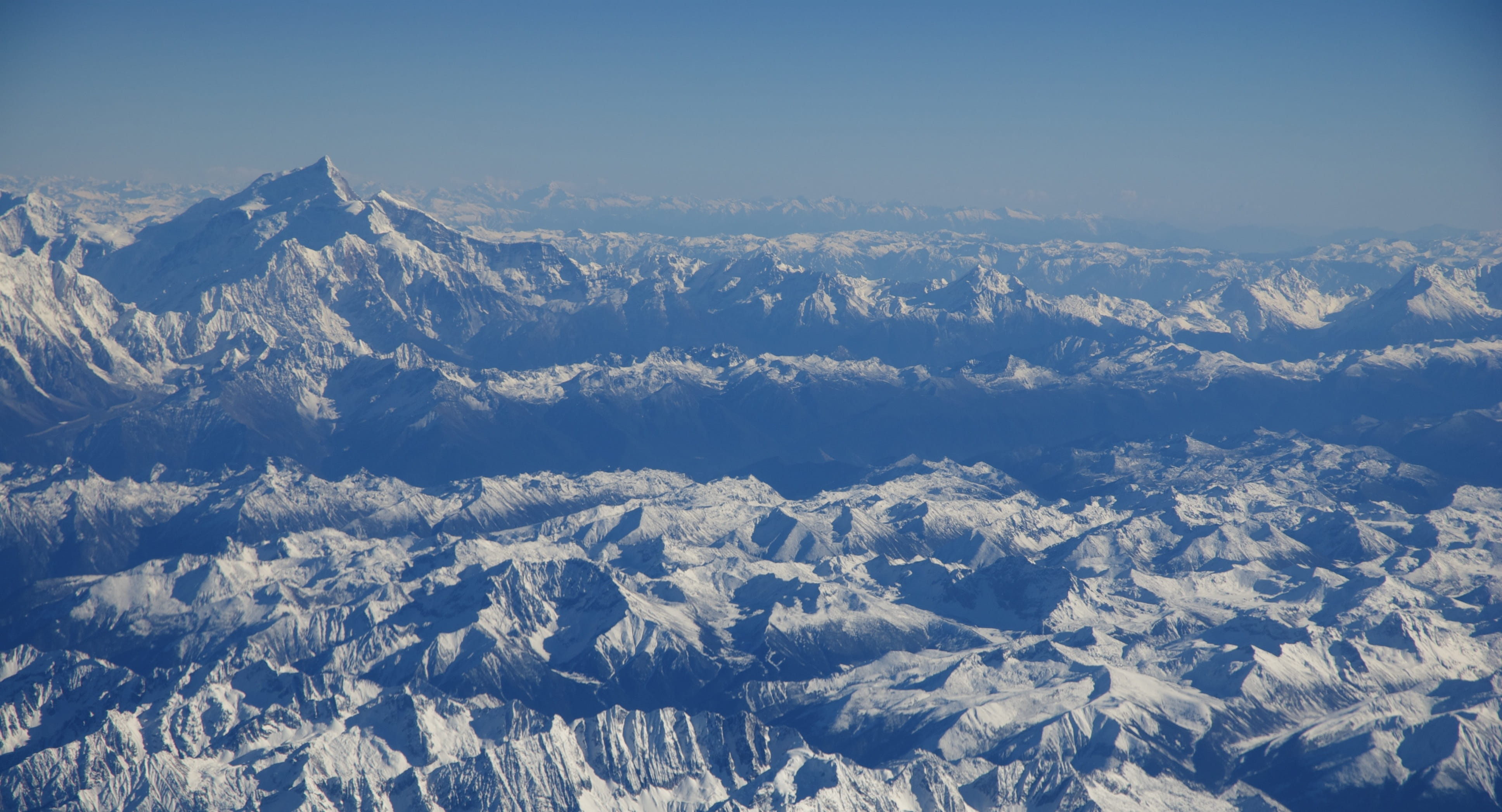 cold temperature, day, the scenery, aerial, tranquility, mountain range, tranquil scene, aerial view, mountain peak, sky, no people, winter, outdoors, snowcapped mountain, HD Wallpaper