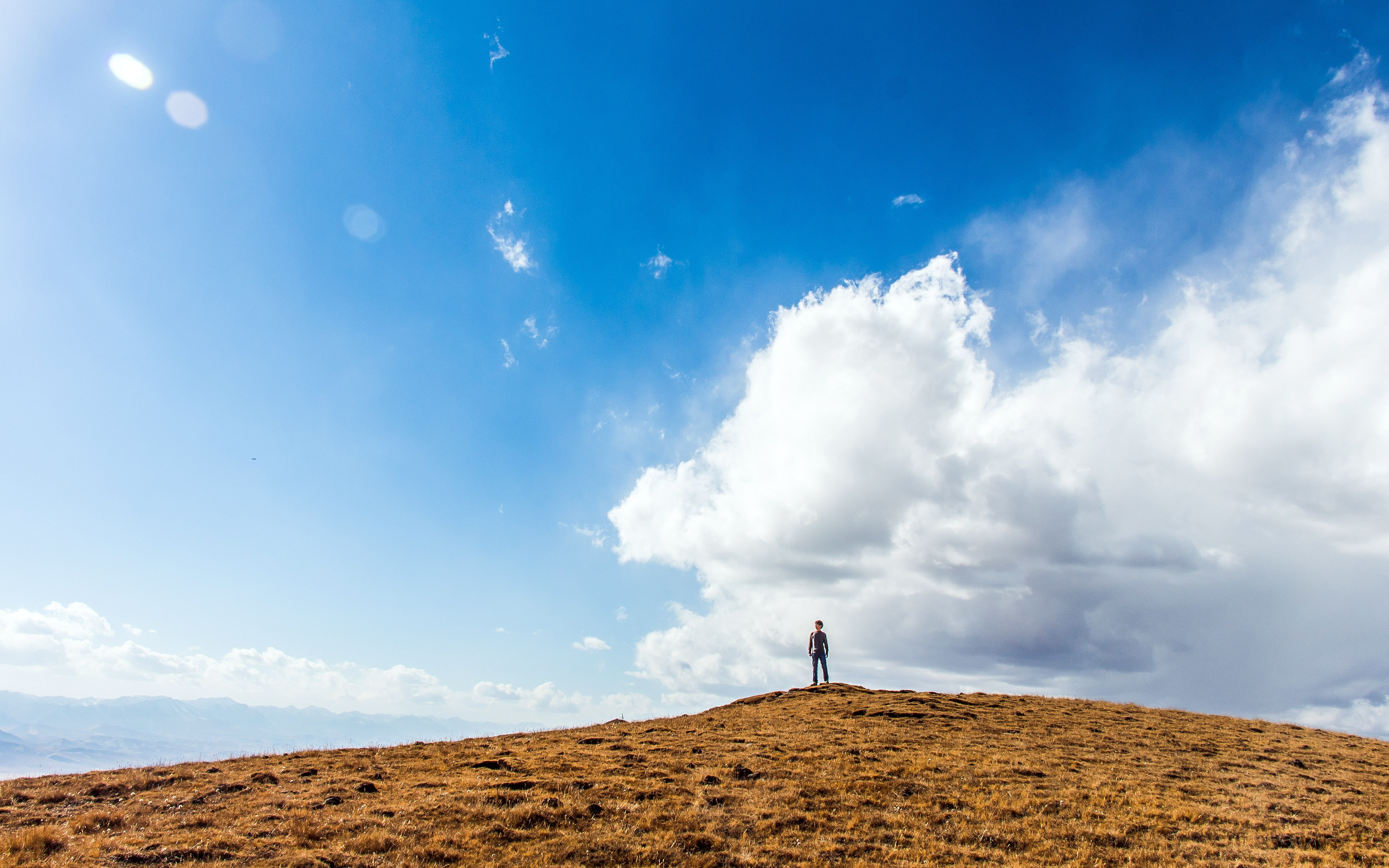 sky, scenics - nature, one person, scenery, leisure activity, blue, land, lifestyles, climate, non-urban scene, standing, cloud - sky, tranquility, environment, HD Wallpaper