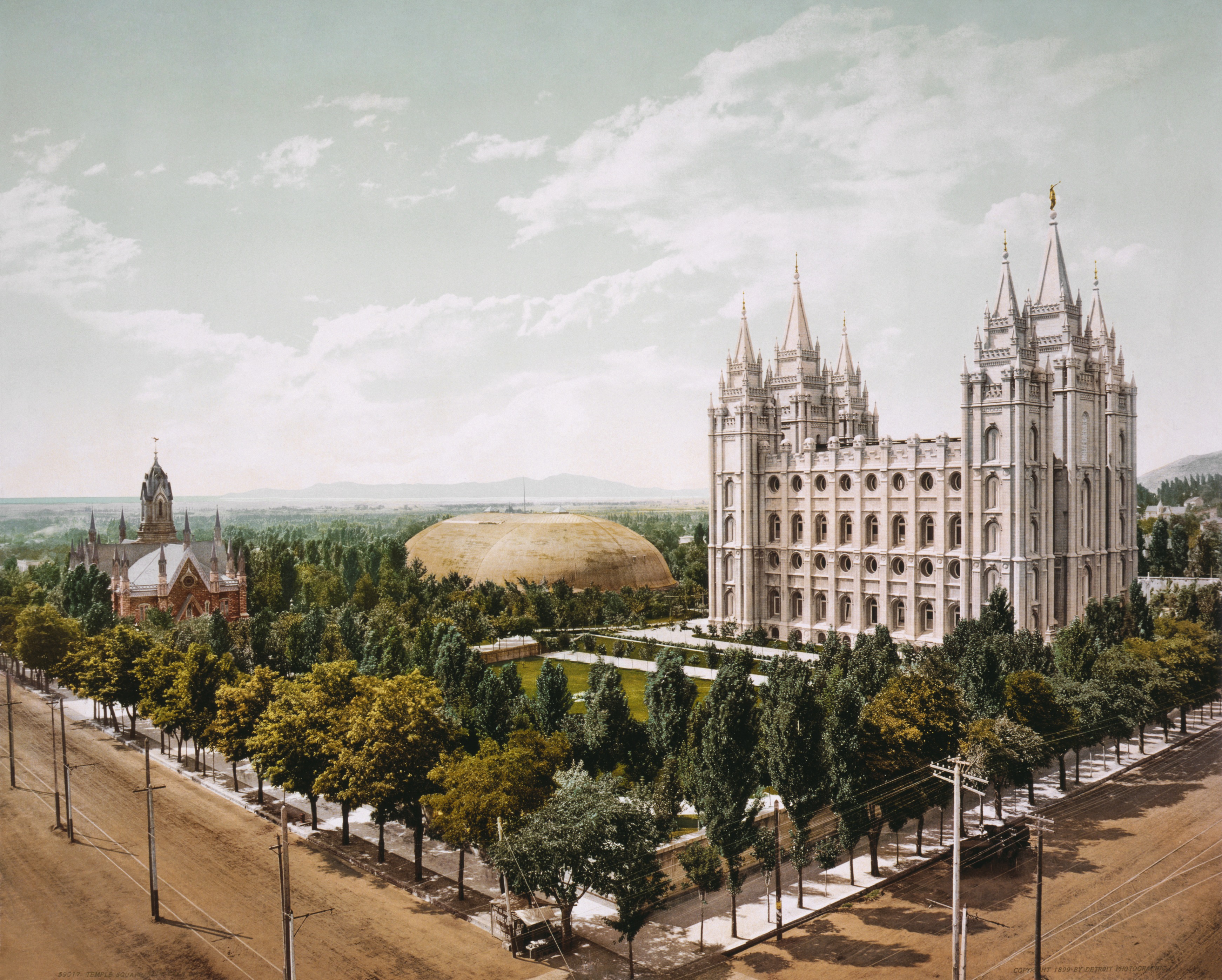 2K, building exterior, tourism, photochrom, plant, travel destinations, 1899, building, spire, architecture, salt lake city, city, church, tree, travel, HD Wallpaper