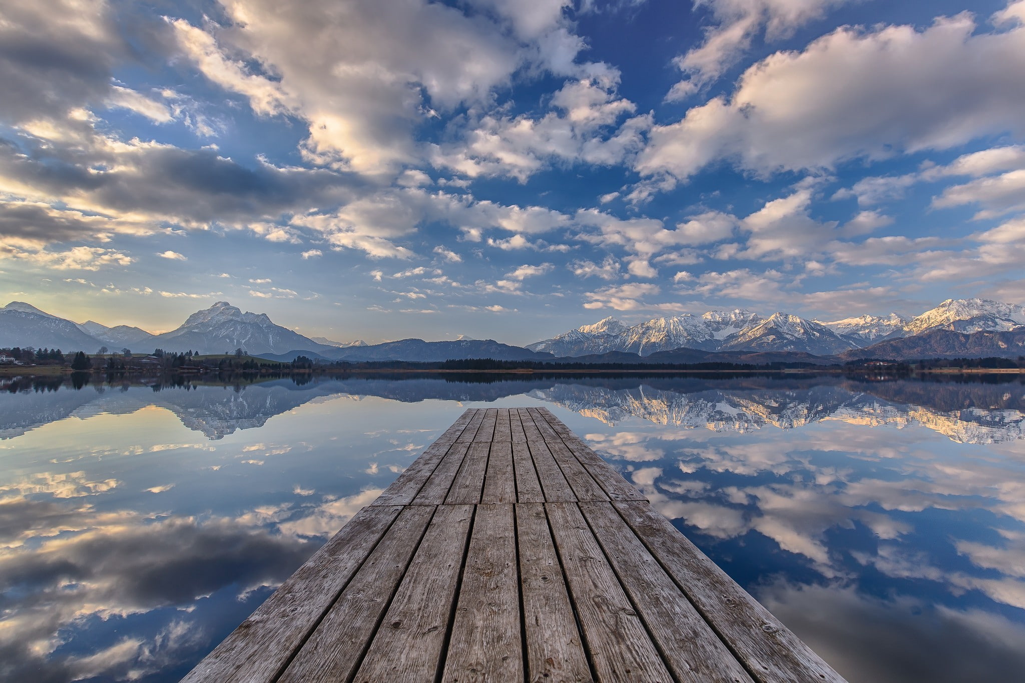 sky, clouds, pier, reflection, brown, lake, mirror, cloudy, 1080P, wooden, panel, mountains, HD Wallpaper