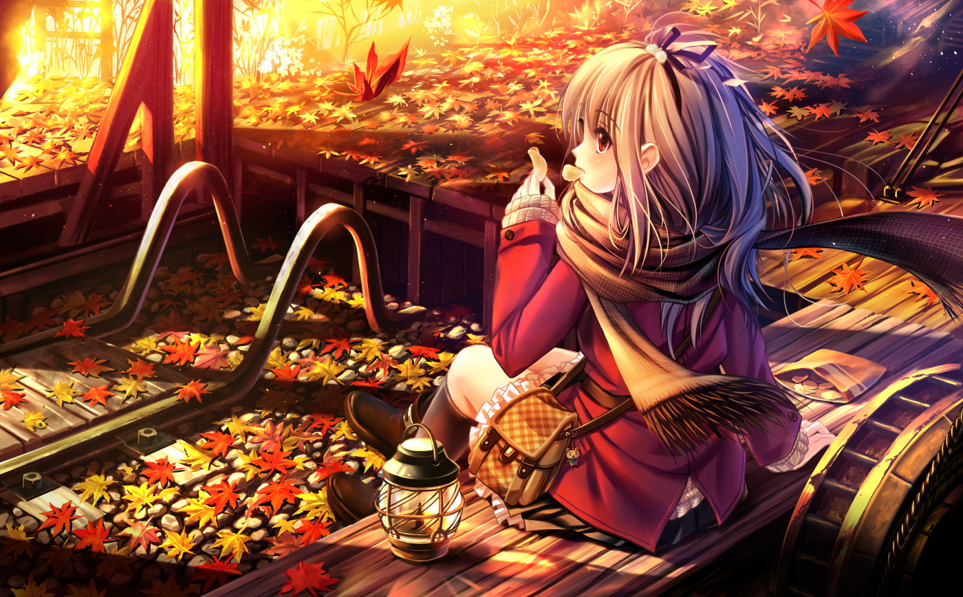 720P, creativity, artwork, outdoors, decoration, original characters, railway, seat, day, anime, multi colored, plant, sitting, lighting equipment, anime girls, HD Wallpaper