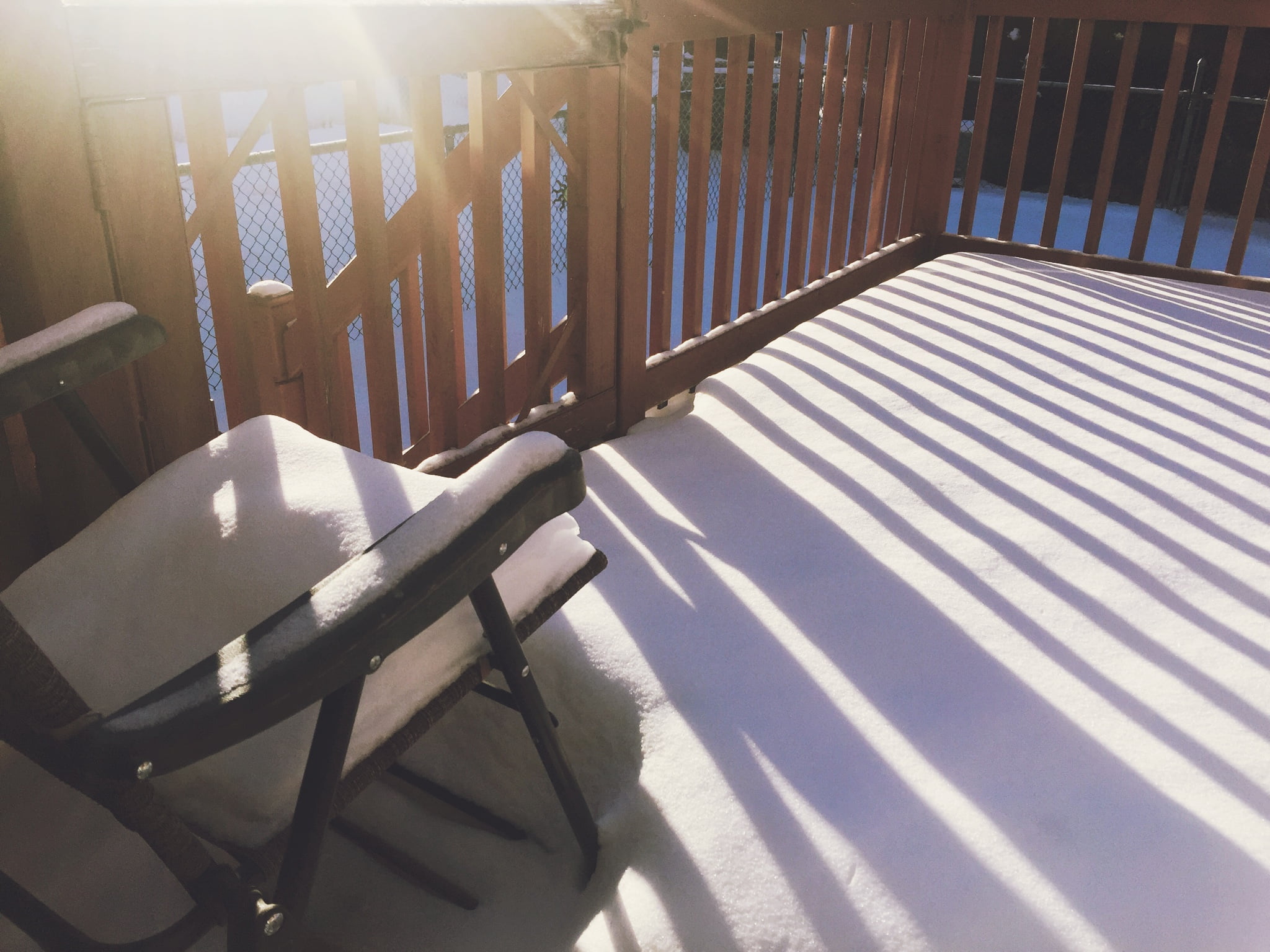 sunny, chair, railing, indoors, sun rays, snow, 1080P, table, architecture, absence, day, pattern, no people, high angle view, seat, winter, empty, built structure, HD Wallpaper