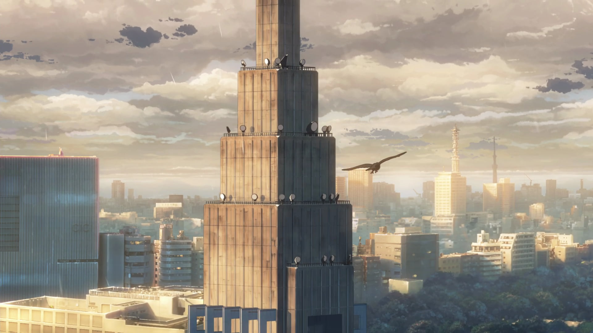 cityscape, spire, concrete, anime, tower, outdoors, illustration, perched, sunlight, building exterior, birds, travel destinations, architecture, modern, HD Wallpaper