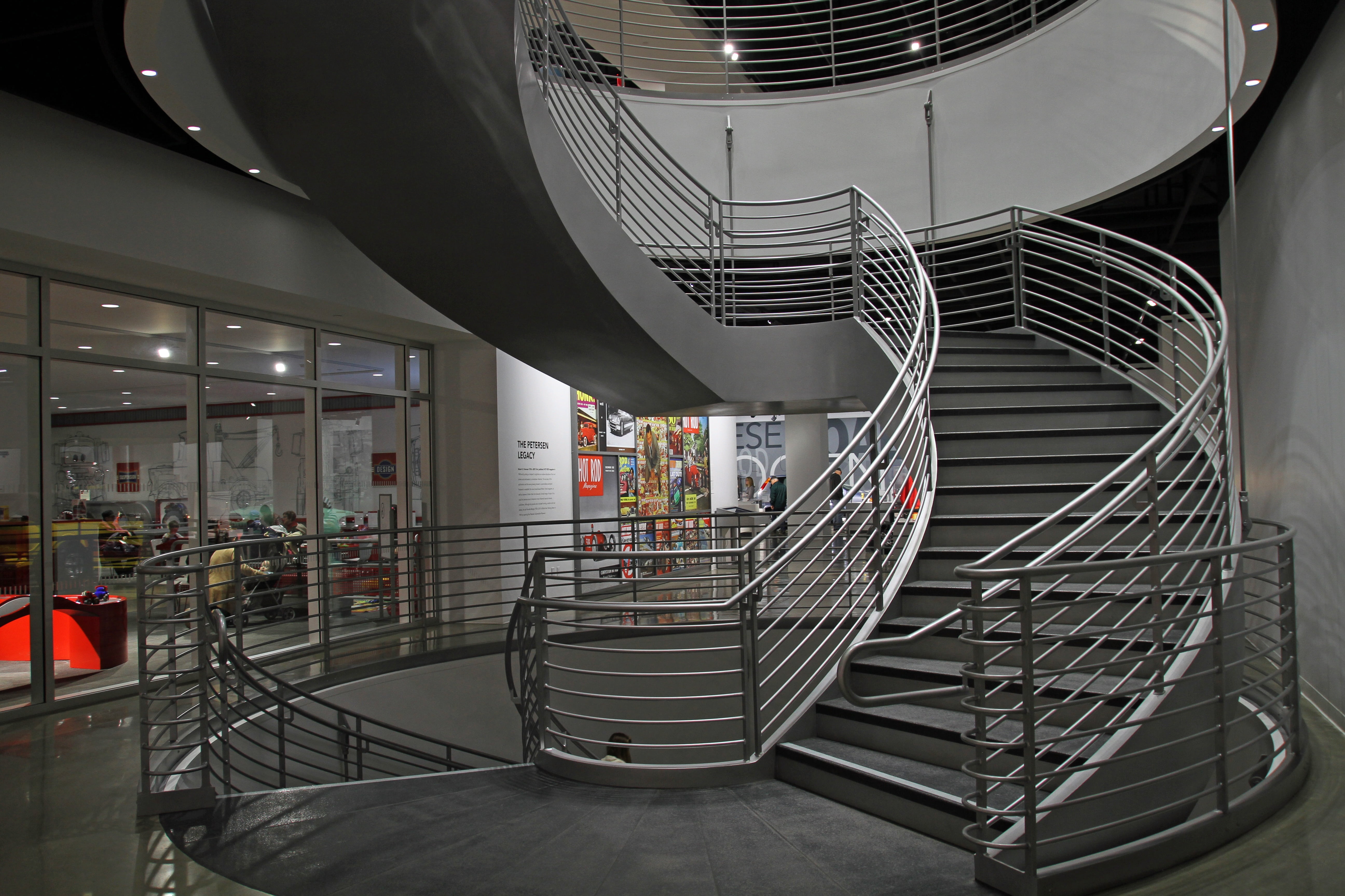 los angeles, modern, architecture, office building exterior, petersen automotive museum, steel, 5K, california, steps and staircases, city, business, railing, HD Wallpaper