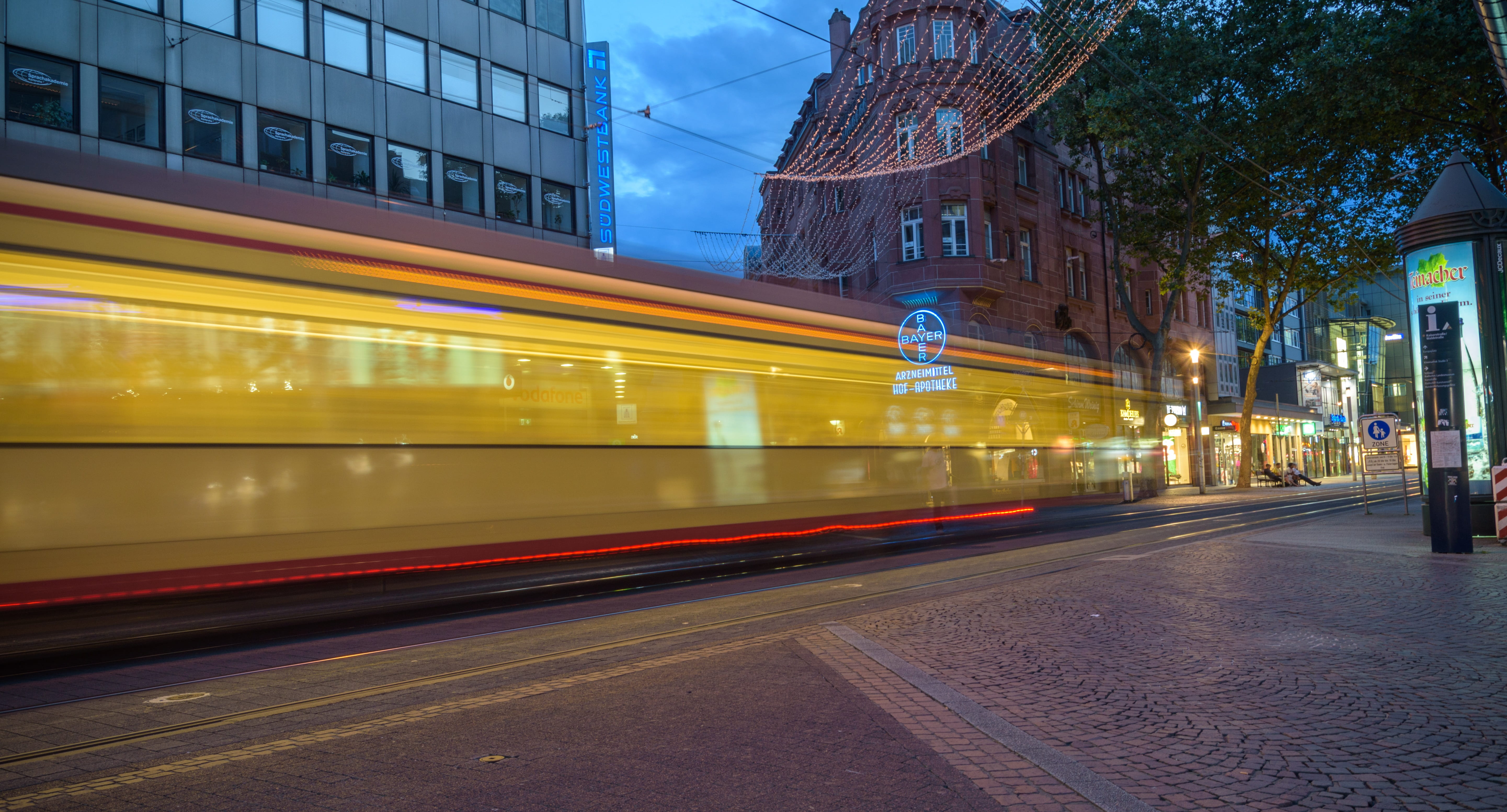 cable car, no people, building exterior, long exposure, speed, building, Tram, train, Karlsruhe, outdoors, road, transportation, light trail, on the move, HD Wallpaper