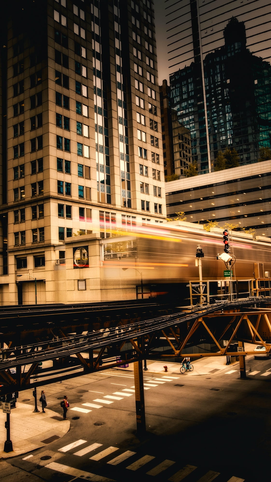 architecture, mode of transportation, cars, street, public transportation, traffic, blurred motion, train - vehicle, city life, downtown, no people, skyscraper, Phone HD Wallpaper