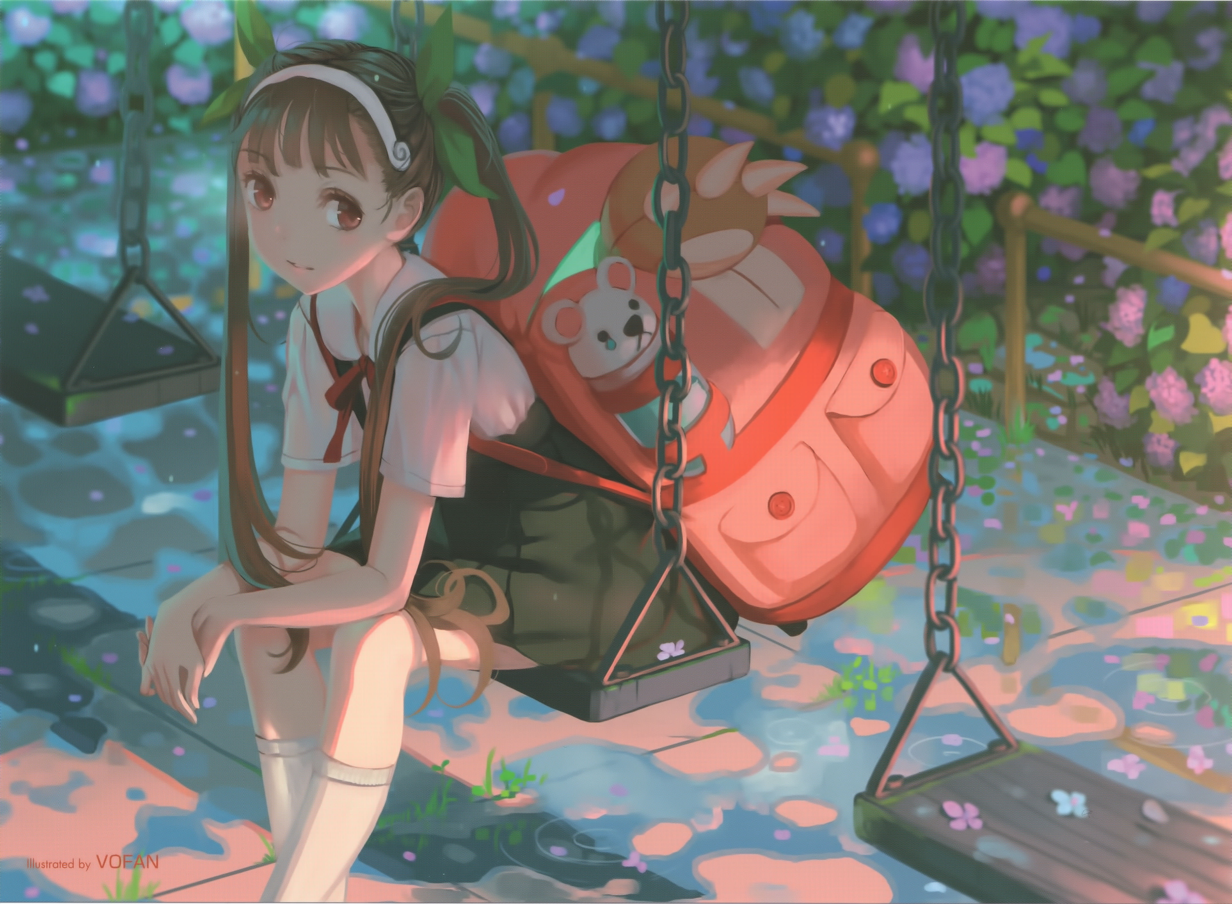 shadow, anime, 4K, Monogatari Series, Hachikuji Mayoi, flowers, anime girls, artwork, white skin, dark hair, HD Wallpaper